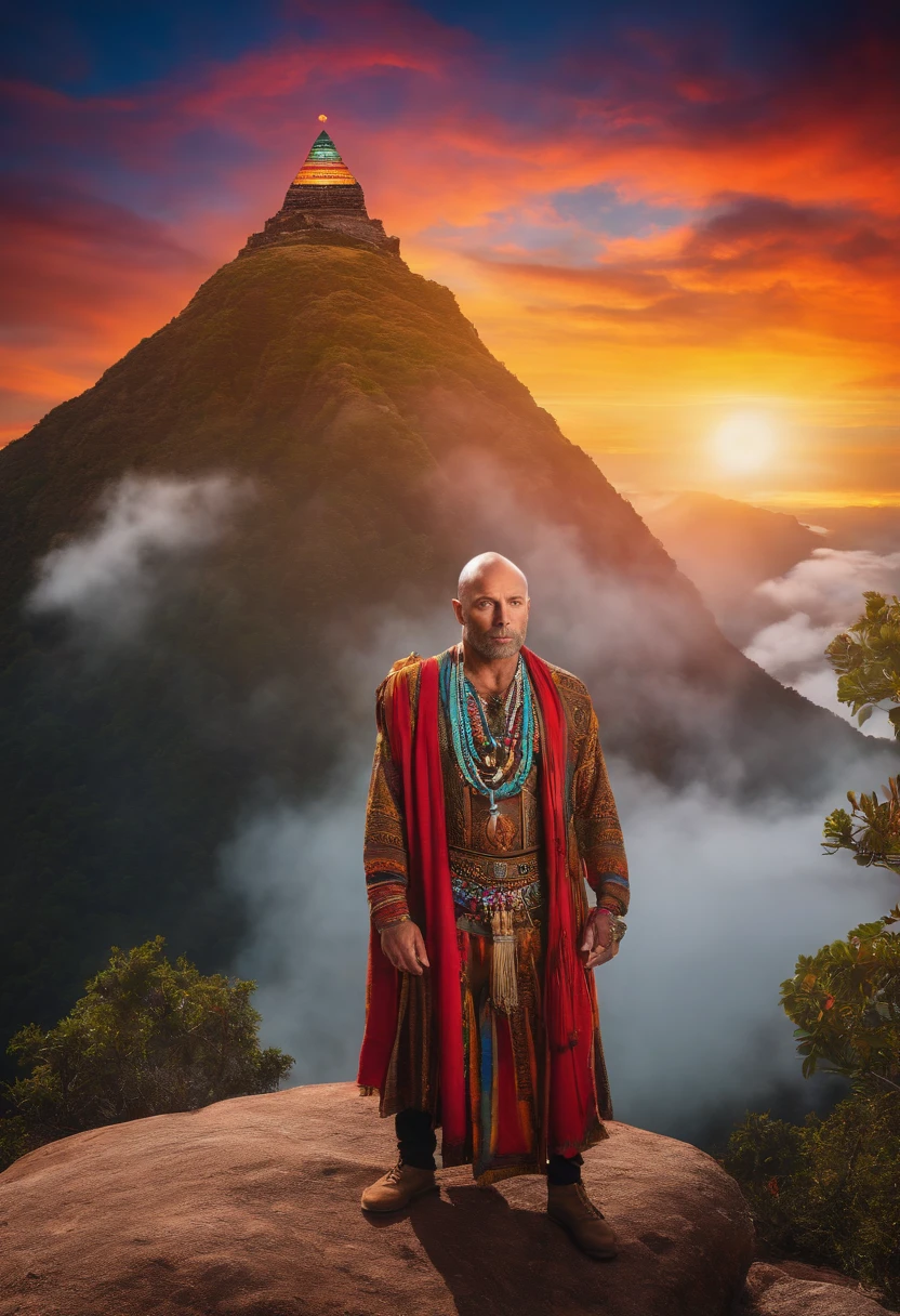 Joe Rogan with a shaved head and wearing a Mayan shaman outfit. He is standing on top of a mountain peak with a psychedelic universe in the background. He is holding an 18 inches wide by 36 inches tall poster above his head