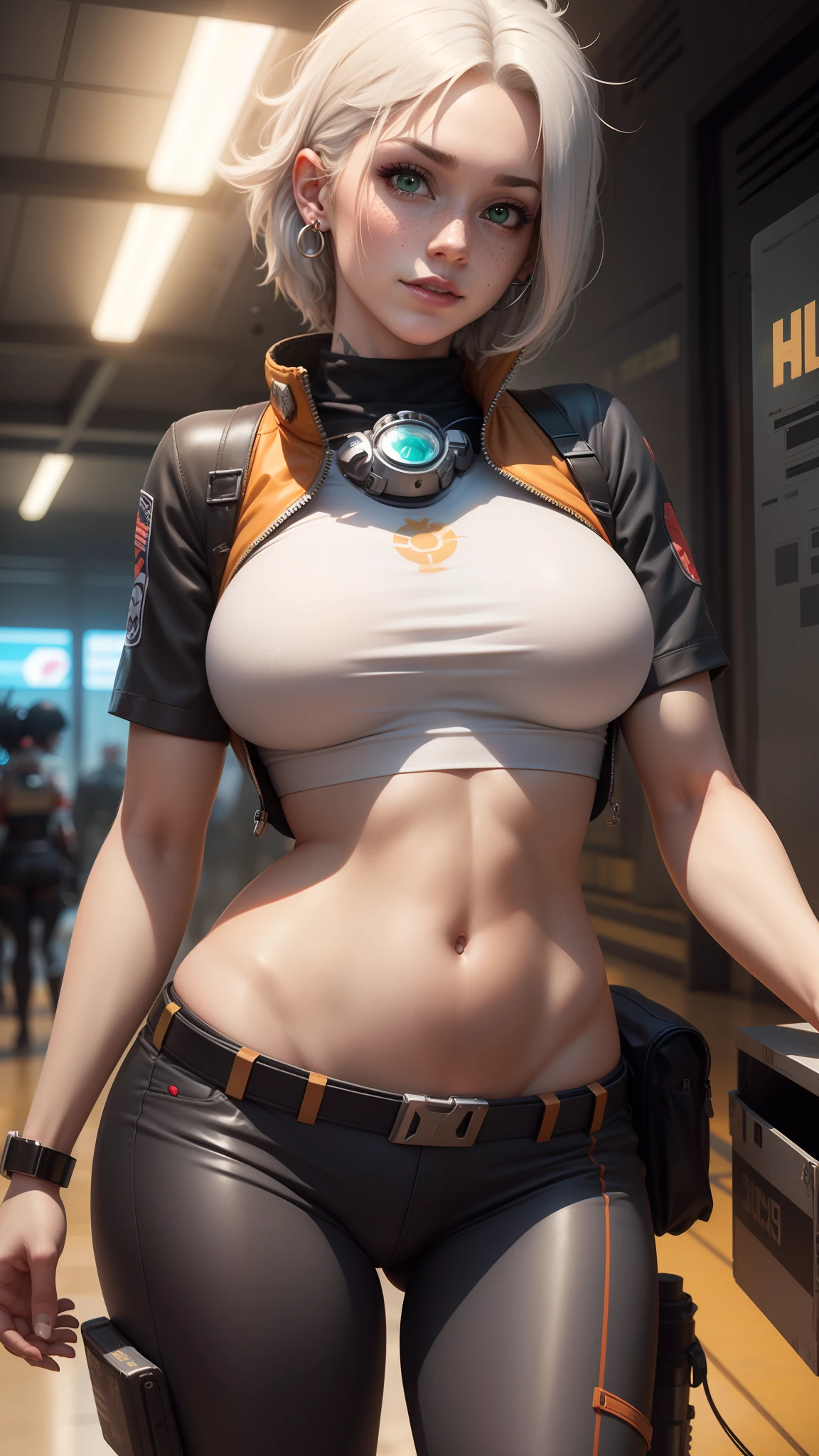 gwen tennyson,jinx,yoko littner,y'shtola rhul,tracer,resident evil,overwatch,close up,mecha pilot,space port,tattoos,orange and silver plugsuit,white short sleeve lycra top,steel cargo pants,uncovered belly,short hair,cute makeup,green eyes,dimensional golden hair,shy smile,freckles,beautiful girl,large breasts,8k,ultra detailed,realistic,fantasy art,saiyan armor,cyborg armor,steel armor,space ship,pilot uniform,ear piercings,hair pin,super saiyan girl,saiyan female,short sleeve pilot jacket,