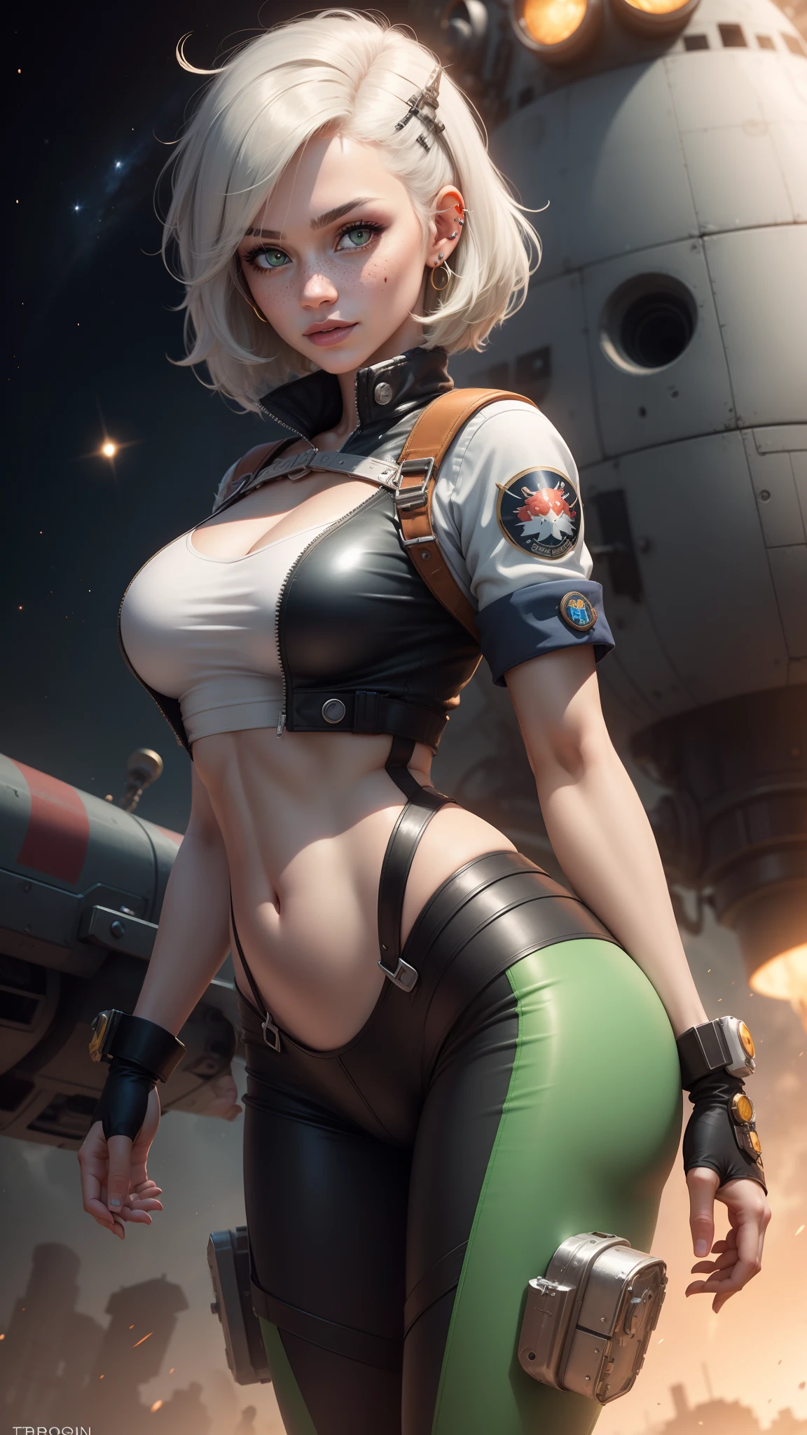 gwen tennyson,jinx,yoko littner,y'shtola rhul,tracer,resident evil,overwatch,close up,mecha pilot,space port,tattoos,orange and silver plugsuit,white short sleeve lycra top,steel cargo pants,uncovered belly,short hair,cute makeup,green eyes,dimensional golden hair,shy smile,freckles,beautiful girl,large breasts,8k,ultra detailed,realistic,fantasy art,saiyan armor,cyborg armor,steel armor,space ship,pilot uniform,ear piercings,hair pin,super saiyan girl,saiyan female,short sleeve pilot jacket,