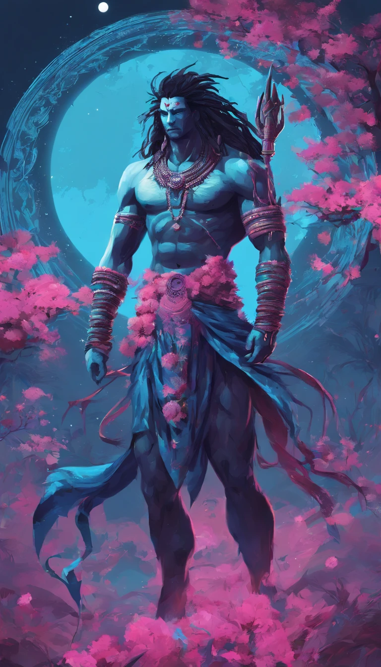 Blue skin,dreadlock hair,Male Lord Shiva,slender,pink there,a moon,,natta,lake