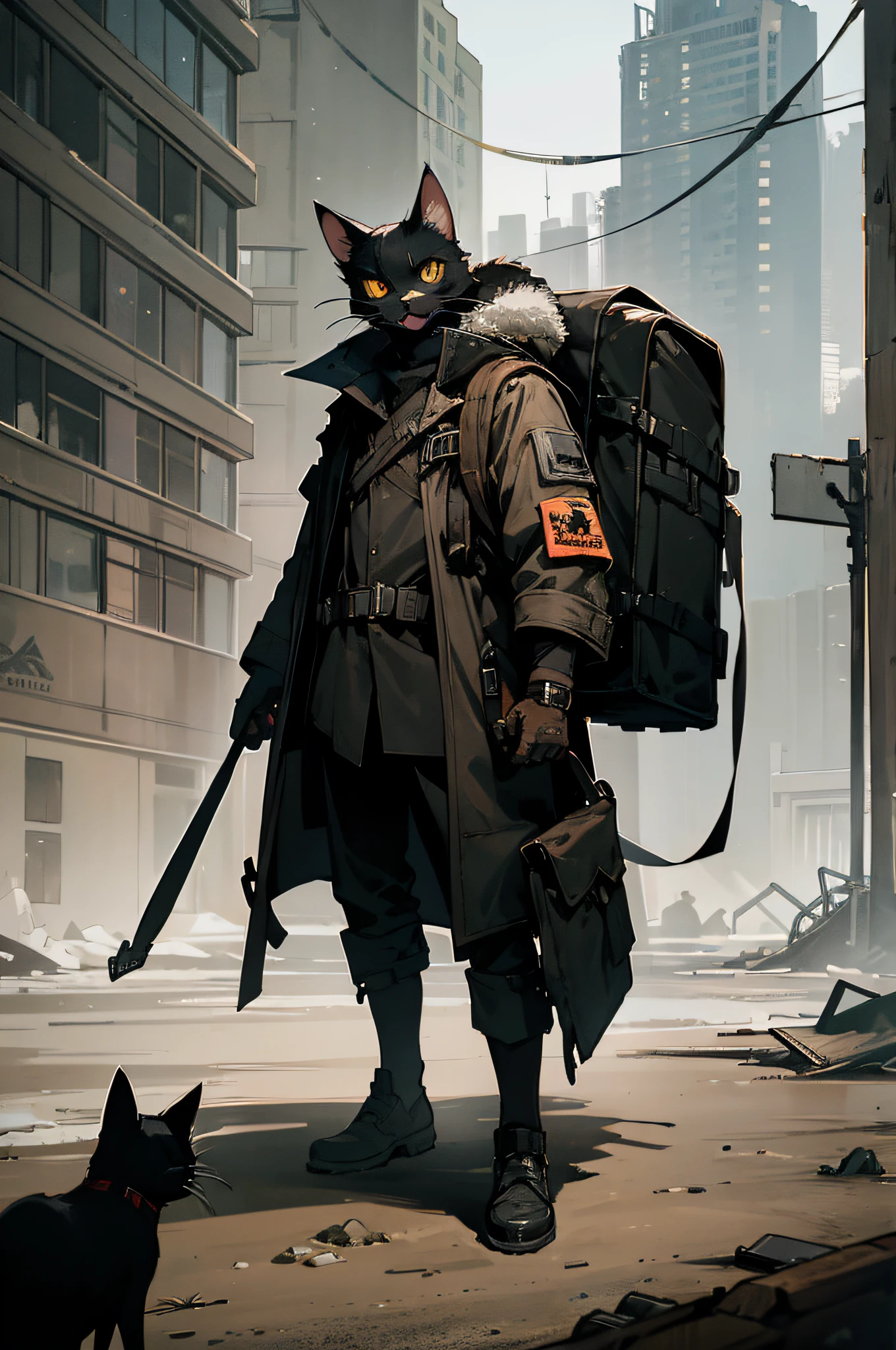 A post-apocalyptic black cat with a coat and backpack