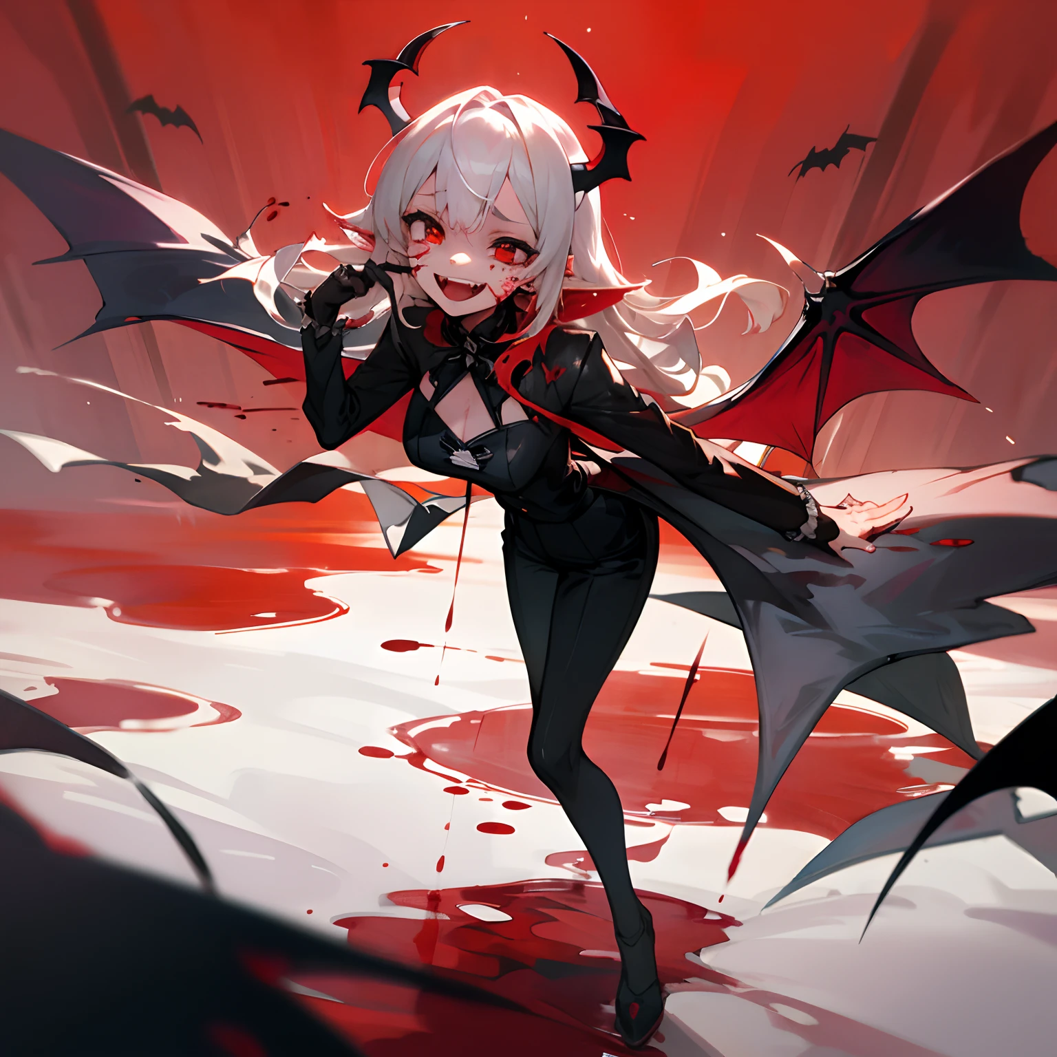 (Masterpieces: 1.2, highest quality), (Best lighting, very delicate and beautiful), (Best lighting, very delicate and beautiful), (Beautiful Detailed Face), (Detailed Eyes and Detailed Faces: 1.2), Fantasy, Vampires, (Young Girl, Little Beast, 1girl, Solo, Crazy Smile, Pale Skin, White Hair, Red Glistening Eyes, Blood Tears, Blood dripping from Fangs, pointy_ears, Fangs, Bat Wings, Demon Horns, ((blood on face))), dynamic angle, dynamic pose, vampire fangs, (get vampire castle in the background), ( red sky),friendly and smiling, peaceful, (depth of field), (blood splash: 1.4), cowboy shot, full body, fully clothed, giga_busty