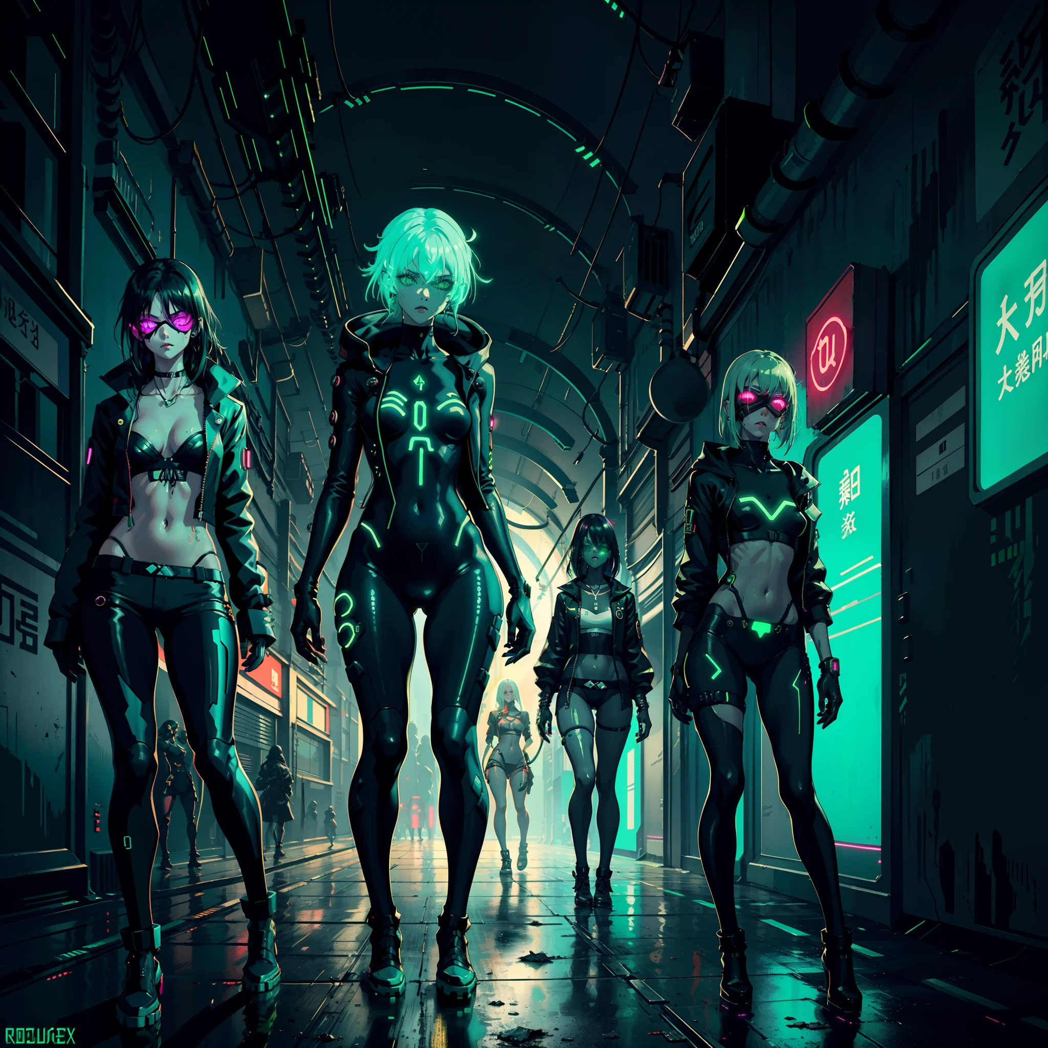 uma sexy busty gangue de s andando em um tunel, only green neon lights, imagem estilo cyberpunk, roupas cyberpunk, Neonoir, ambiente ultra escuro, only minimal green neon