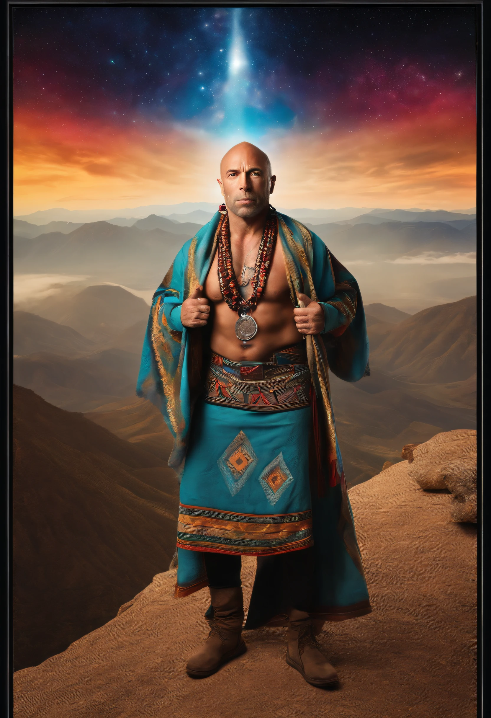 Joe Rogan with a shaved head and wearing a Mayan shaman outfit. He is standing on top of a mountain peak with a psychedelic universe in the background. He is holding an 18 inches wide by 36 inches tall poster above his head