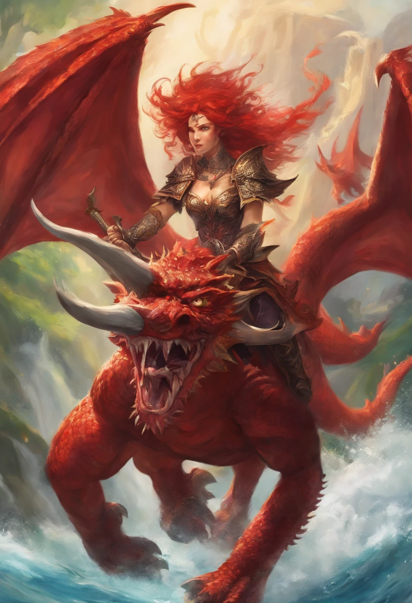 mulher loira de beleza deslumbrante, cabelos encaracolados que caem em cascata pelos ombros imponente armadura negra adornada com detalhes de metal polido, Riding a majestic red dragon,
