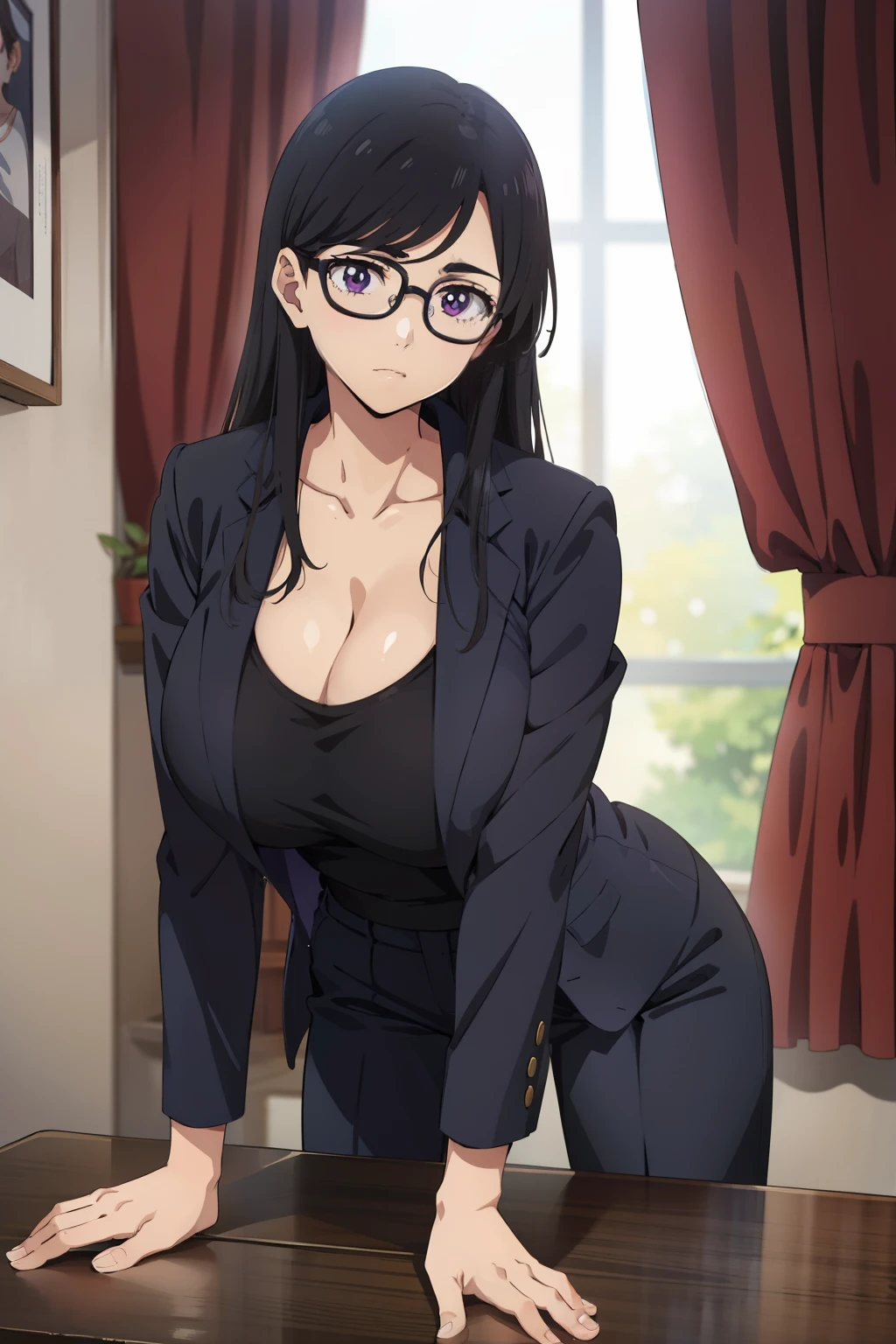 anime cels style, best quality, high resolution,1girl, minakatahizuru, (black hair:1.1), (purple eyes:0.7), (black-framed eyewear:1.3), (huge breasts:1.2), cleavage, black jacket, black suit