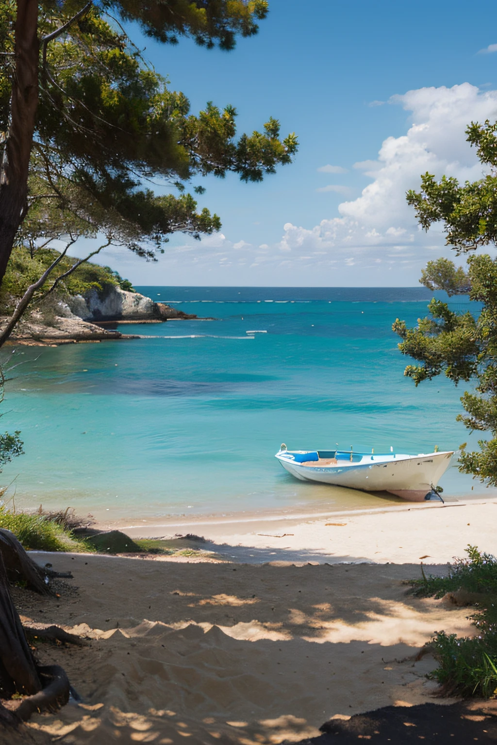 An oil drawing with trees with a blue sea and a beach.