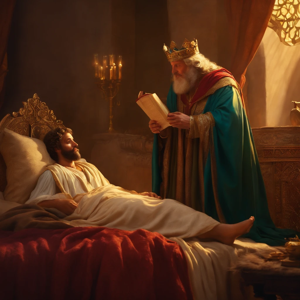 create images of the biblical character King David sick lying on his bed and talking to his son Solomon in Bible time,