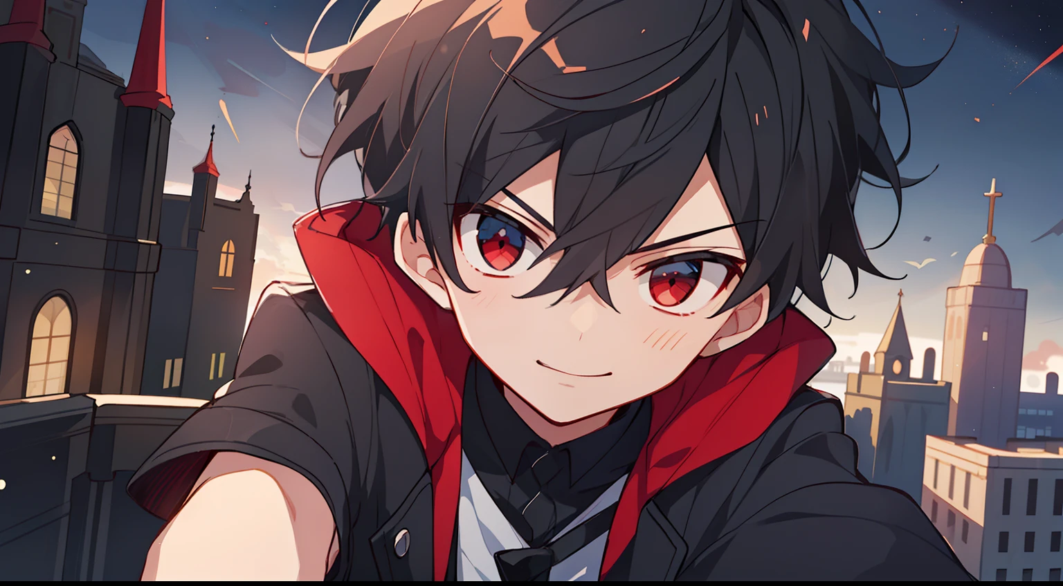 ((masterpiece)),(((best quality))), (high-quality, breathtaking), (expressive eyes, perfect face), 1boy, solo, male, short, young, small boy, short black hair, red eyes, on top of building, night sky, dark, buildings, phantom thief, wear short shorts, smirk