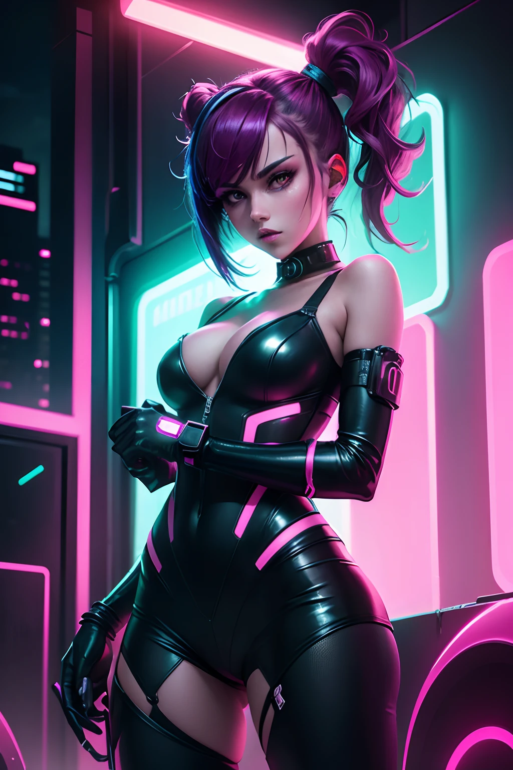 Neon Scene, Ciberespacio, fondo, characterless with a girl dressed in cyberpunk with a V-shaped arm in front with her palm open clutching something