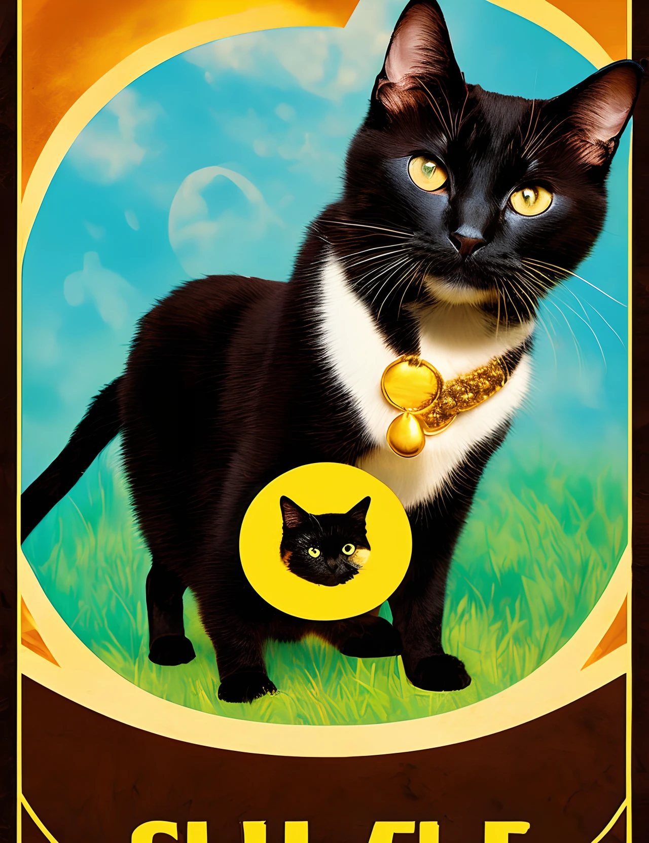 Disney Cartoon Poster with Black Cat with Yellow Eyes with Golden Brown Spot in Calling Elfie