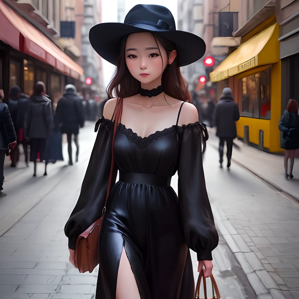 A girl in black silk on the street