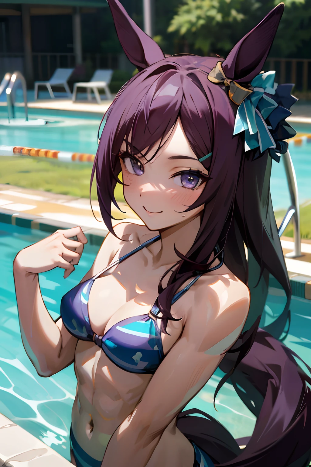 mejiro dober \(umamusume\), ((ultra-detailed face)), (bikini), masterpiece, best quality, detailed eyes, (abs), muscular body, horse tail,smile, pool, upper body, frontage