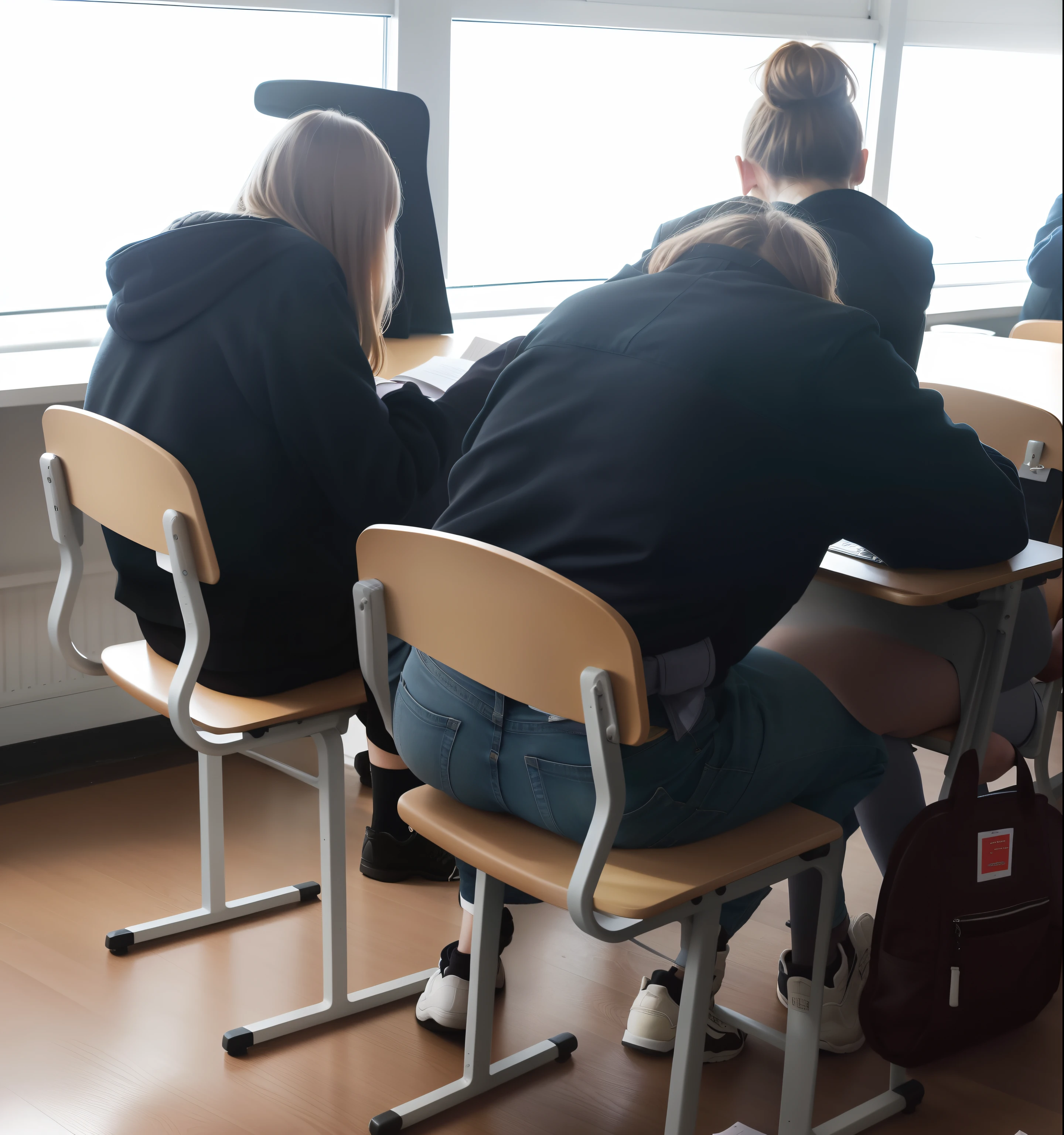 Two people are sitting at a table with their backs to each other, sitting in the classroom, in class, in the school classroom, Jaakko Mattila, sat at his desk, Maria Johanna Görtz, by Emma Andijewska, hard lighting!, by Christen Dalsgaard, by Anna Füssli