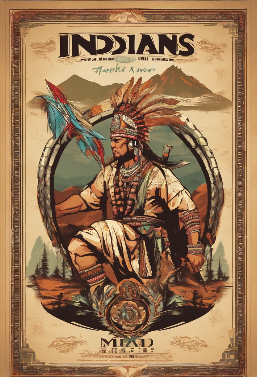 The Indians stood high on the mountains and shouted with spears in hand,Round badge,flat art