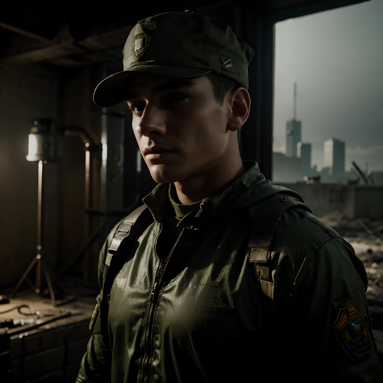 Photo of a young man soldier in post-apocalyptic setting, dystopian era, with cap,  cinematic shot, dramatic lighting, cinematic noise, movie-like photography, prominent shadows