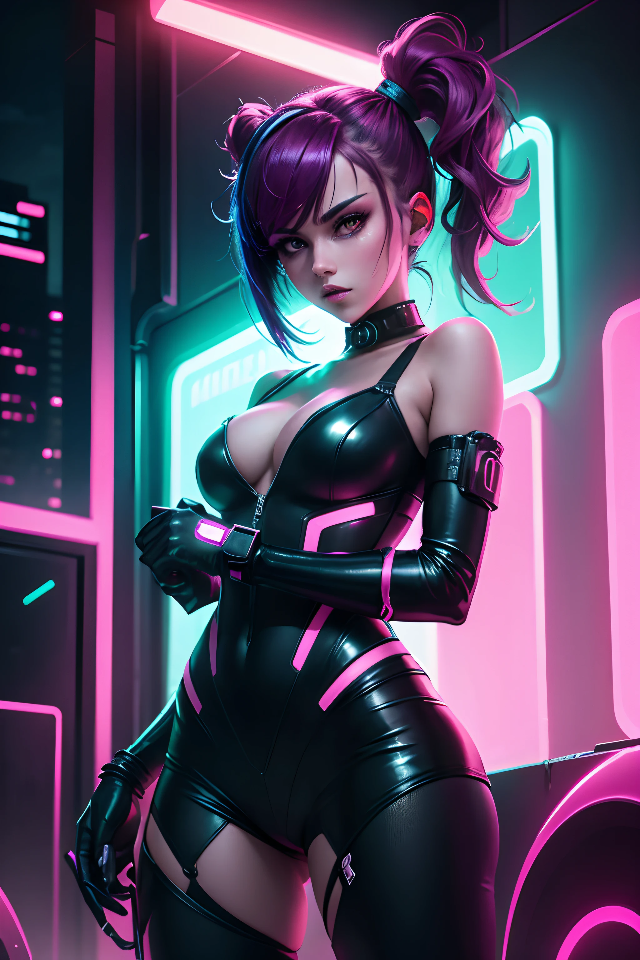 Neon Scene, Ciberespacio, fondo, characterless with a girl dressed in cyberpunk with a V-shaped arm in front with her palm open clutching something
