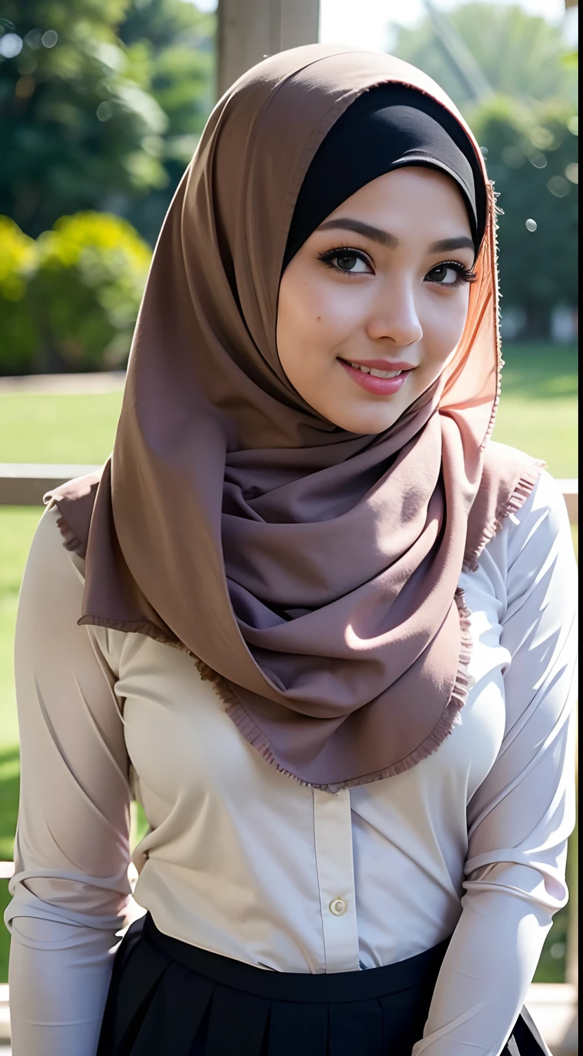 RAW, Best quality, high resolution, Masterpiece: 1.3), Beautiful Malay woman in hijab, Masterpiece, Perfect slim body, Beautiful big eyes, watery eyes, Soft smile, wet lips, ((wearing school uniform)),smiling, windy, skin details, skin texture details, thick thighs, sexy body, morning time, smiling, happy, bright sunlight, blurred background, bokeh