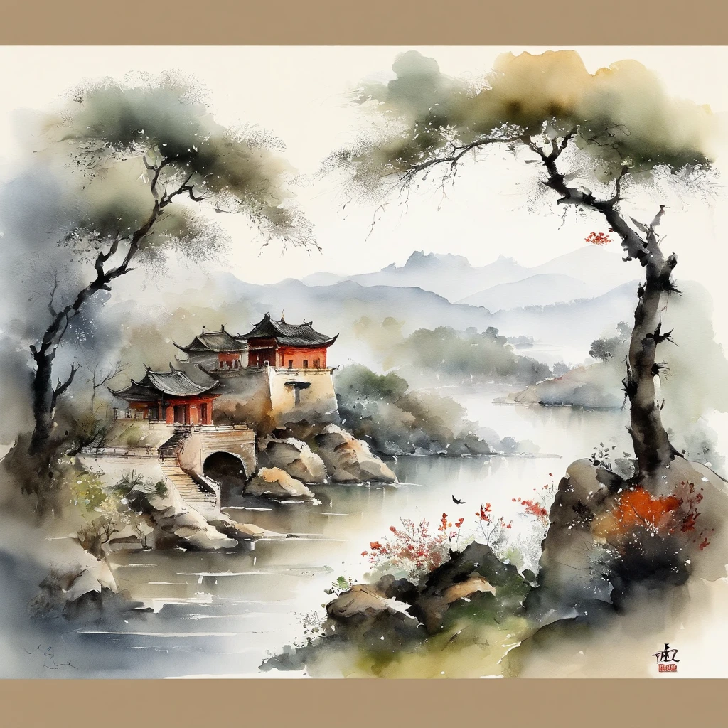 Chinese landscape painting,ink and watercolor painting,Smudge,Faraway view,Ultra-wide viewing angle,Meticulous,Pavilions,Delicate,das boot