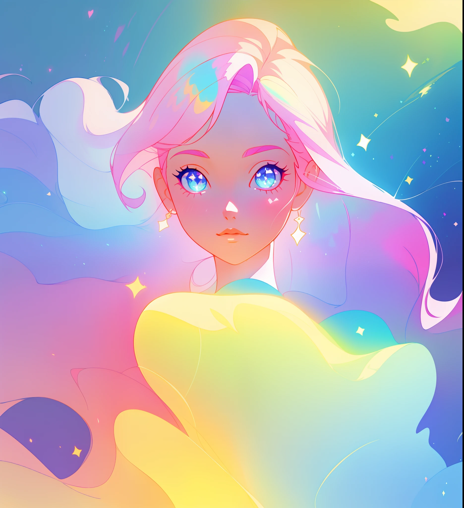 beautiful girl, flowing liquid colorful dress, vibrant pastel colors, (colorful), long flowing colorful hair, magical lights, sparkling magical liquid, inspired by Glen Keane, inspired by Lois van Baarle, disney art style, by Lois van Baarle, glowing aura around her, by Glen Keane, jen bartel, glowing lights! digital painting, flowing glowing hair, glowing flowing hair, beautiful digital illustration, fantasia background, whimsical, magical, fantasy, ((beautiful face)), ((masterpiece, best quality)), intricate details, highly detailed, sharp focus, 8k resolution, sparkling detailed eyes, liquid watercolor