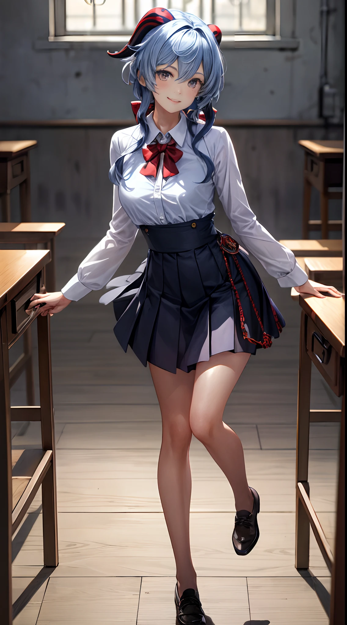 high school classroom, Wearing high school student uniform, ganyudef, exteriors, simple background, short detailed hair, moody light, high-definition picture quality, Charming, smiling expression, Be red in the face, Blush, Bare legged, middle rounded breast, fashion model posing, (Masterpiece, Best quality:1.4), professional artwork, intricate details, sharp focus, detail painting, photorealistic, trending on pixiv, realistic shadow,