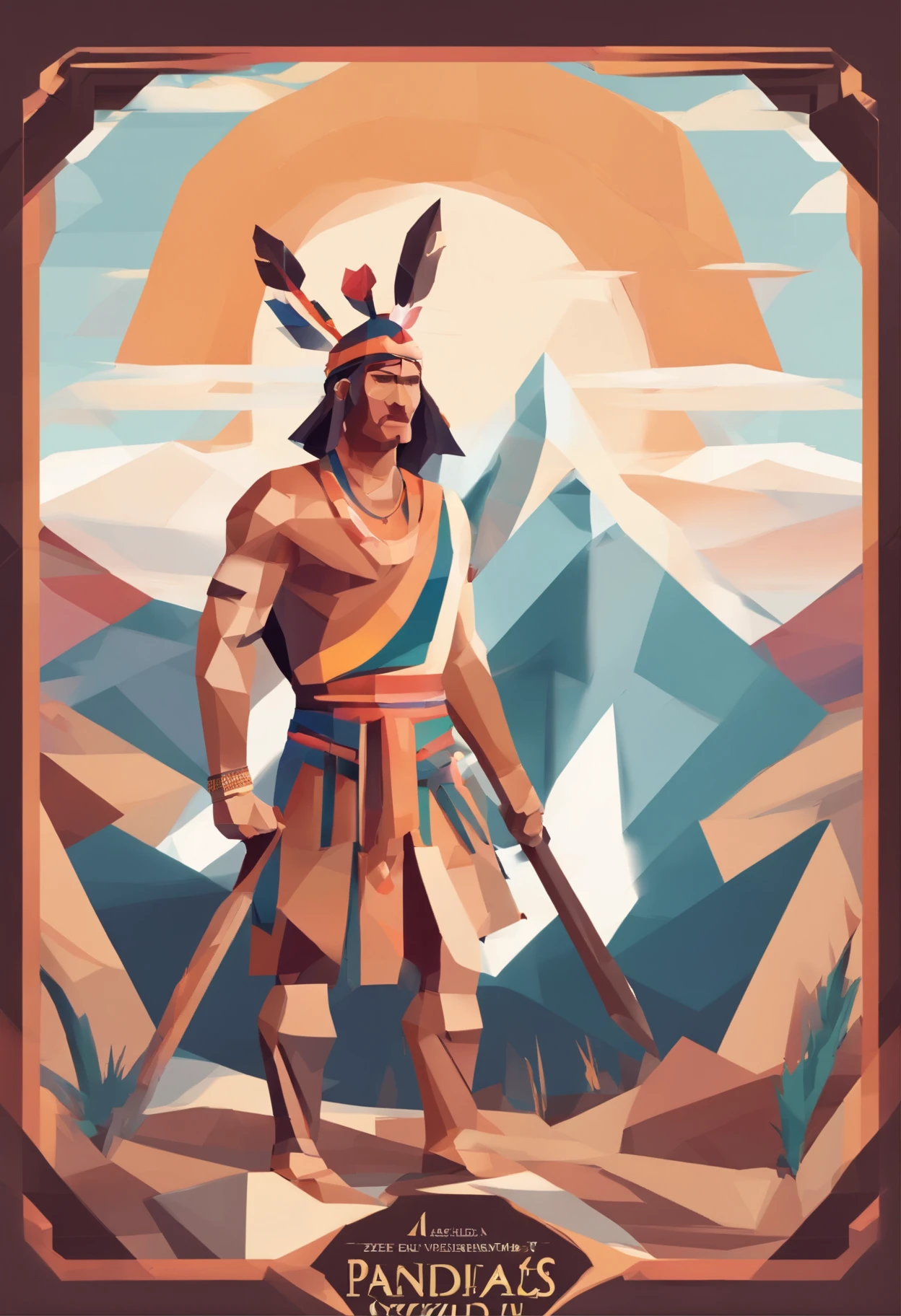The Indians stood high on the mountains and shouted with spears in hand,Round badge,flat art