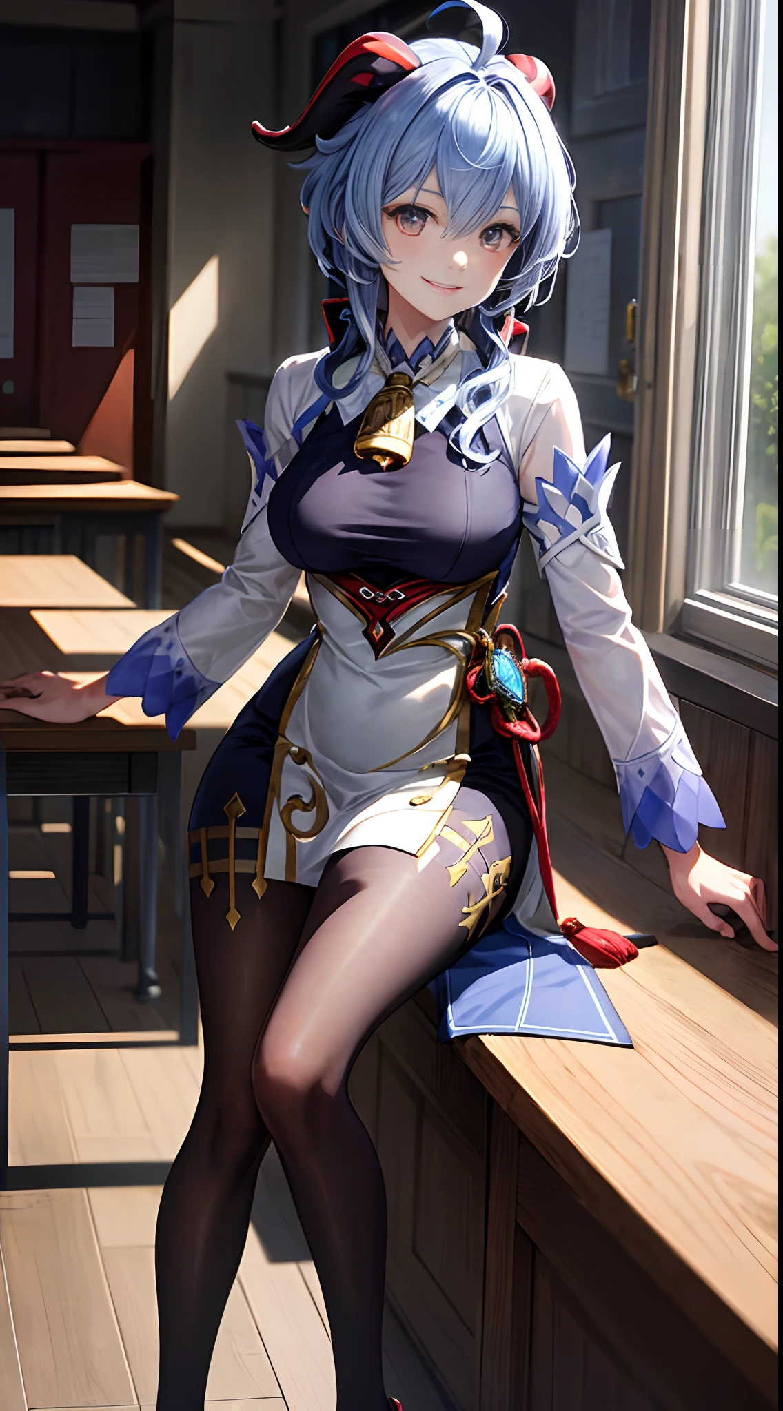 high school classroom, Wearing high school student uniform, ganyudef, exteriors, simple background, short detailed hair, moody light, high-definition picture quality, Charming, smiling expression, Be red in the face, Blush, Bare legged, middle rounded breast, fashion model posing, (Masterpiece, Best quality:1.4), professional artwork, intricate details, sharp focus, detail painting, photorealistic, trending on pixiv, realistic shadow,