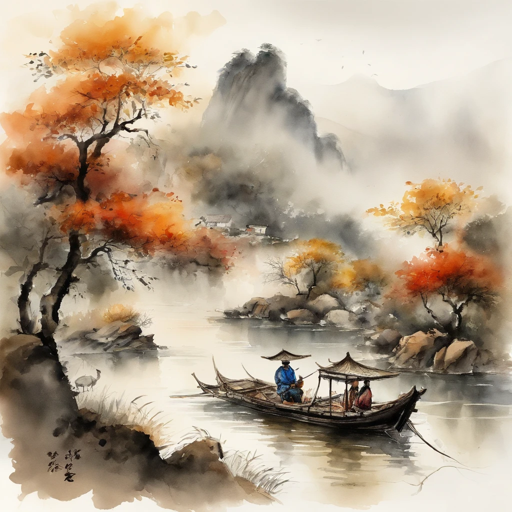 Chinese landscape painting，ink and watercolor painting，Faraway view，Ultra-wide viewing angle，Meticulous，Pavilions，Delicate，fishing boat，