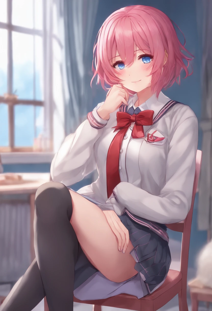 sayori from ddlc sitting on a chair. pink hair. red bow on the head. gray japanese school uniform with coat. Blue skirt. white shirt under a bronish-redish crossknittted sweater. blue eyes. cute face.