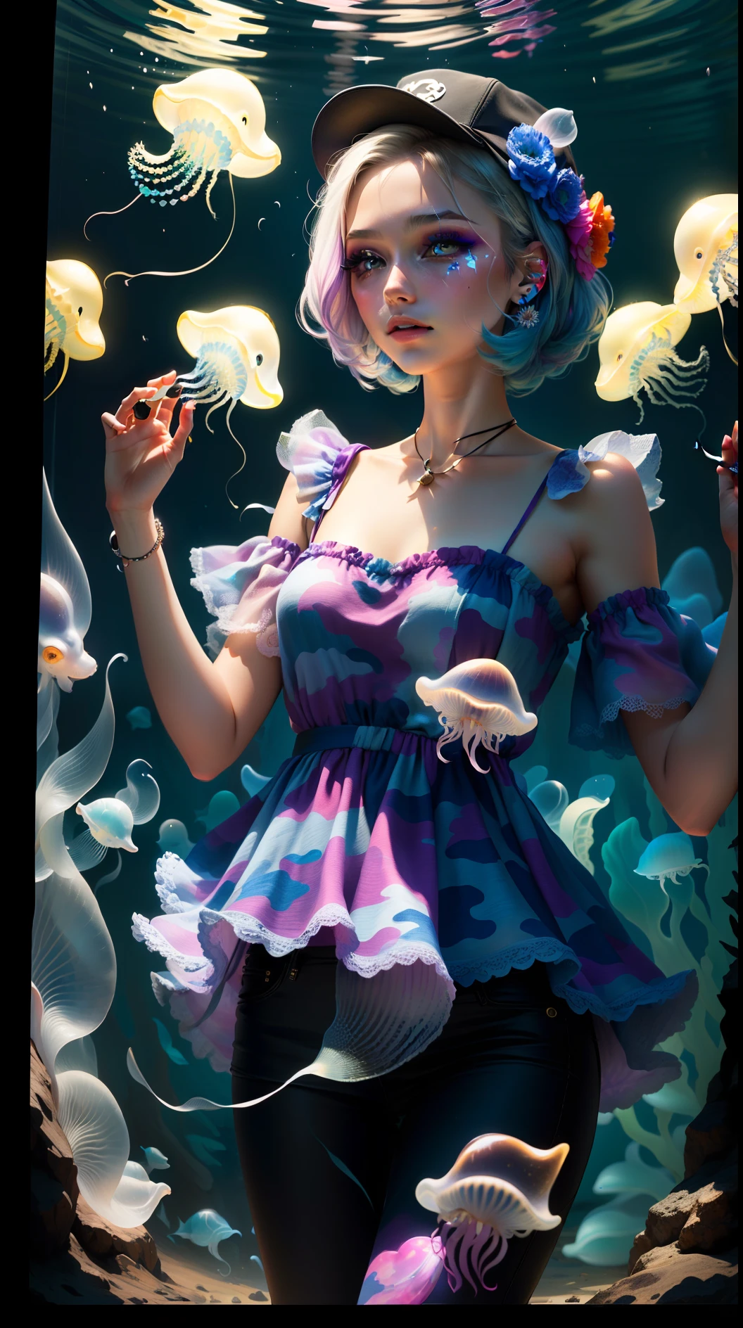 cute女の子、Yeah,Flat Chest,cute,(Jellyfish Girl:1.2), Put your arms behind your back,In the water,Ruffled Dress,sexy