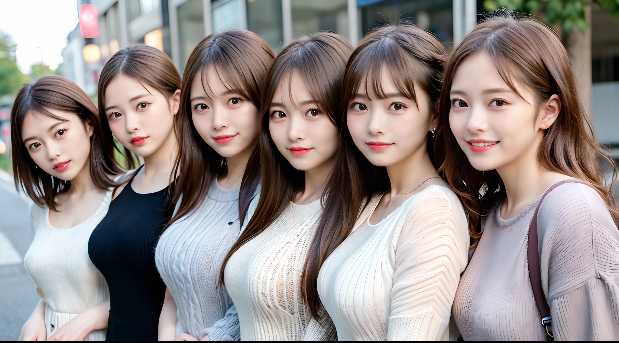 ​masterpiece, Better Quality, hight resolution, ((Photorealsitic:1.4, Raw photography, 超A high resolution,Top image quality: 1.4)), ((upper body 1.5)), Beautiful detailed eyes, Natural Color Lip, ((A big smile:1.5)), ((Random and cute curly hair)), ((Random breast sizes from large to medium:1.2)), ((Random fashionable clothes:1.5)), ((Random winter clothes:1.0)),((Random knitted clothing:1.3))((breastsout、under look eyes、Mole on the arm:0.9)), ((peer in from below)), ((street corner)), ((Random and cute facial expressions)),, ((4 girls、Four people standing side by side:1.5)) very detailed and professional lighting、 ((Random and cute facial expressions:1.5))