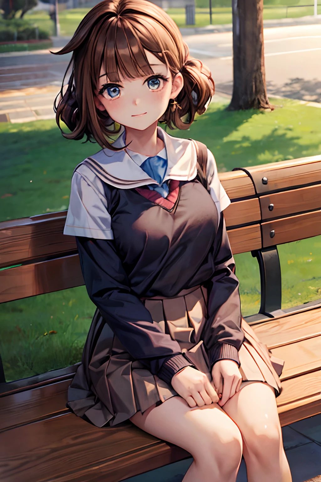 Young girl, school uniform, 2d anime, pastel colours, sitting on bench, light brown hair, crisp lines