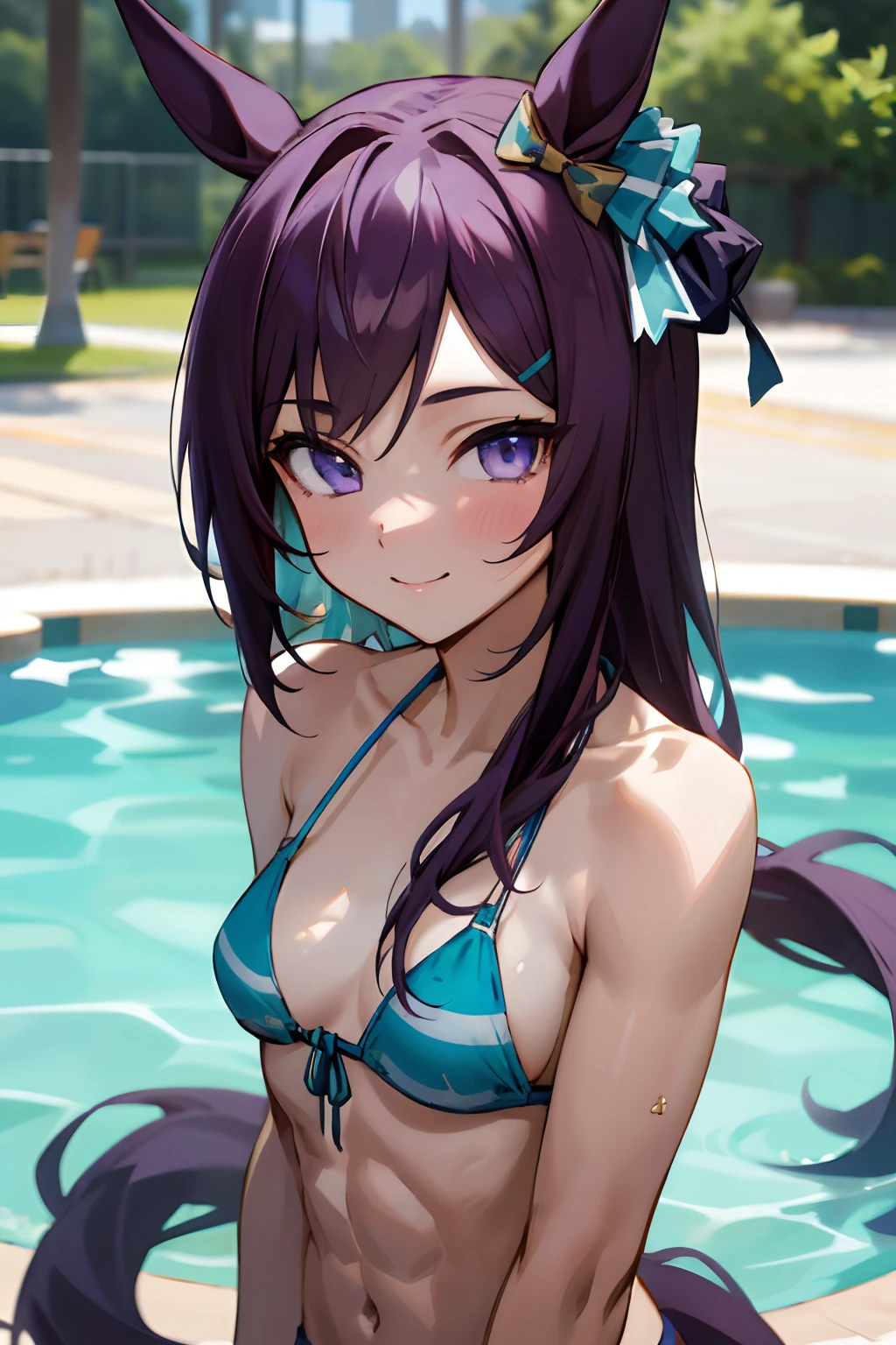 mejiro dober \(umamusume\), ((ultra-detailed eyes)), (bikini), masterpiece, best quality, (abs), muscular body, horse tail,smile, pool, upper body, long smooth hair, frontage