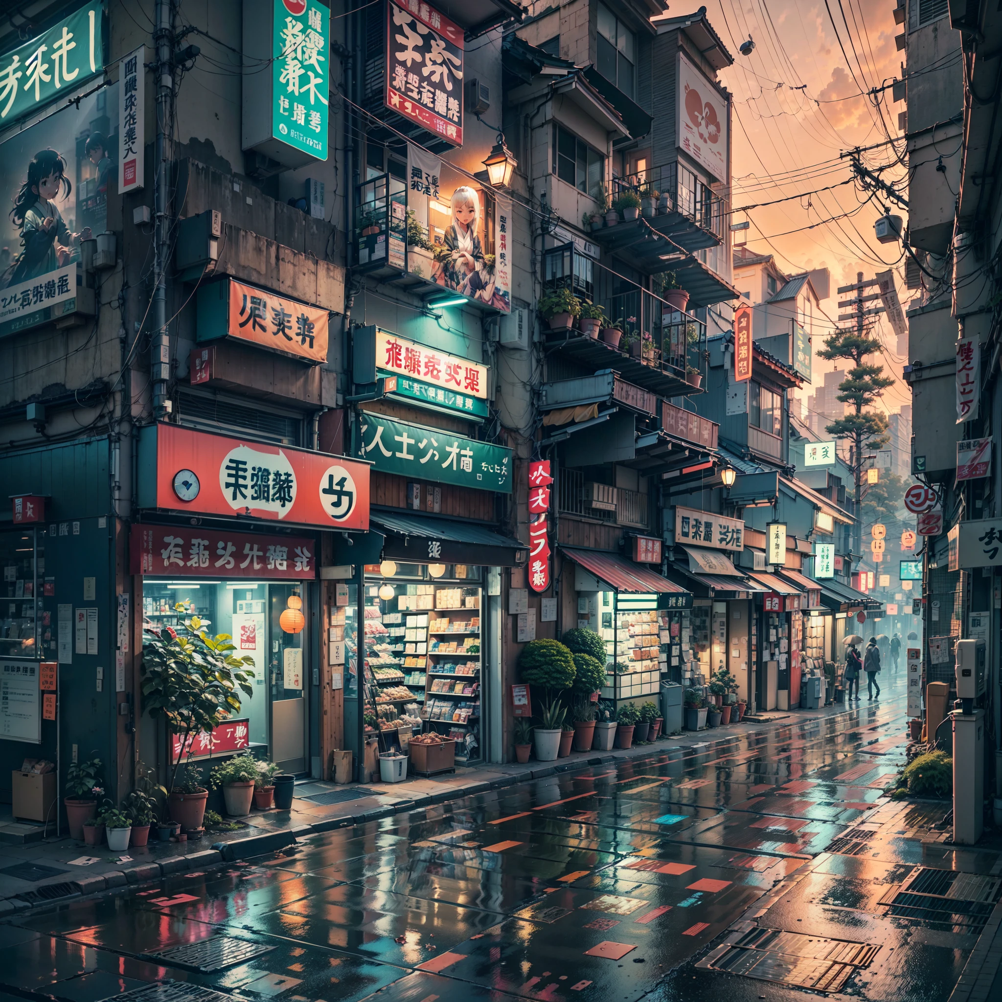 Modern Tokyo skyscrapers at night, reflection on the river, futuristic city lights, sleek and minimalist architecture, cyberpunk vibes, neon-soaked cityscape. no one in sight, no people, best quality, anime, anime style, lofi, anime background, anime wallpaper, anime, anime style, lofi, lofi style, modern japanese street, modern japanese architecture, japanese convenience store, big retro japanese shop signs, retro japanese store, trees, plants, rocks, plant pots, shop signs, japanese banners, japanese signs, flags, empty street, no one in sight, (no one: 1), (realistic,photorealistic:1.37), narrow anime street, urban, compact, masterpiece, high details, best quality, super detail, high quality, narrow japanese urban alleyway, japanese shop signs, japanese signs, japanese banners, banners, plant pots, plants, trees, grass, cobble path, trash cans, nigh time, dark, street lights,, air vents, gutters, telephone wires, wires, cables, air ventilation systems, lanterns, rain, raining, heavy rain, dramatic weather, puddles on the floor, rain falling from the sky, rain drops, best quality, masterpiece,