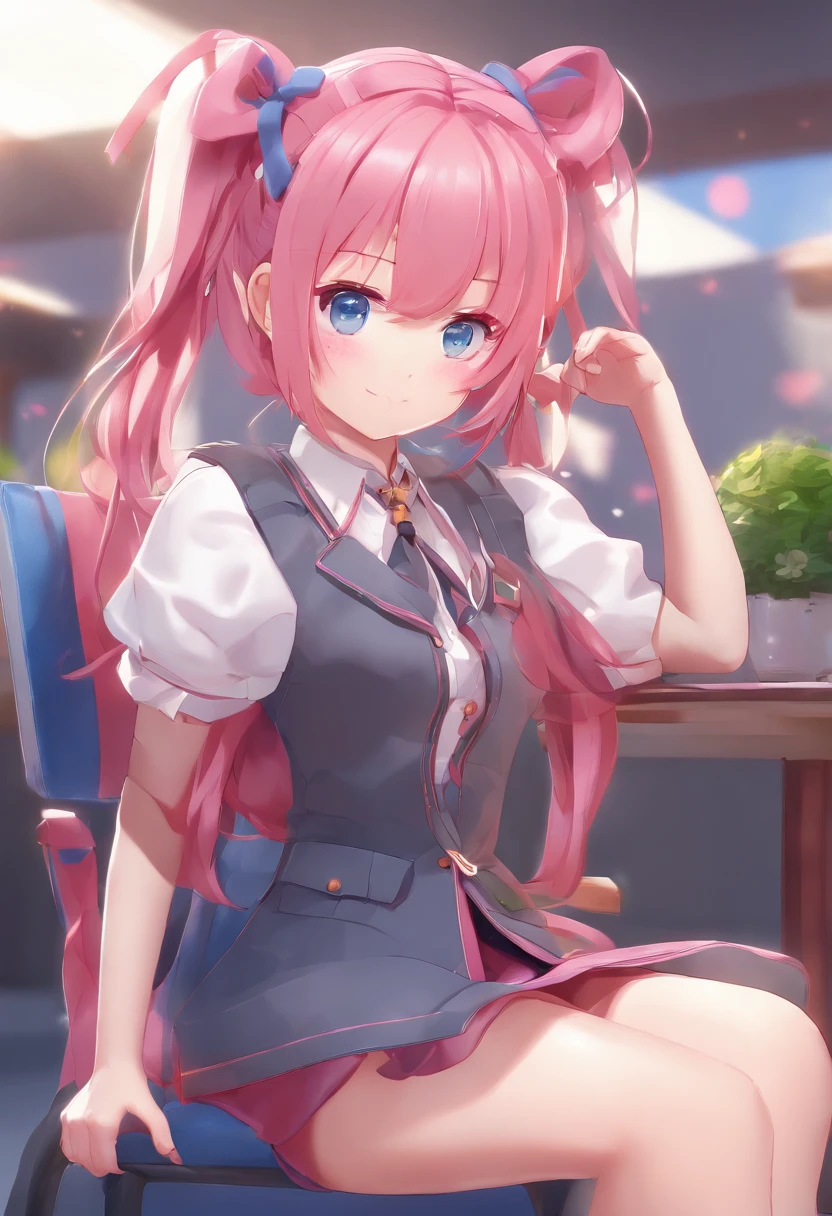 sayori from ddlc sitting on a chair. pink hair. red bow on the head. gray japanese school uniform with coat. Blue skirt. white shirt under a brownish-redish crossknittted sweater. blue eyes. cute face.