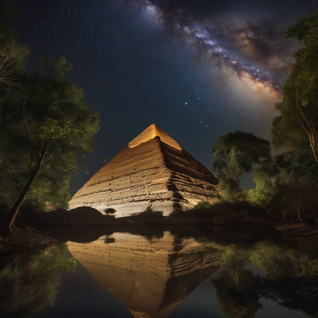 Master Parts、Superior Quality、superior image quality、The 8k quality、Beautiful pictures of the starry sky、magnifica、Arched Milky Way:1.9、Pyramids, in the jungle