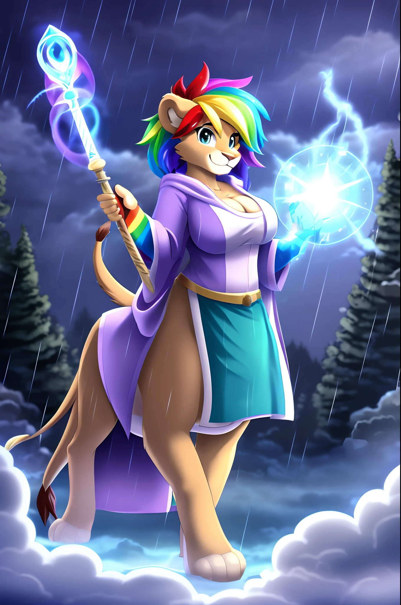 masterpiece, best quality,a portray of female lion , horsetaur,horse ,extemely detailed, magic girl, ,light magic effect, forest, digital photography,(holding magic staff:1.2), rainbow hair, weather aura,toon cartoon,, kemono, tomboy, short hair, furry, smile, rain, weather, rainbow, robe, smile, parasoul tail, toon, big breast , curvy,glove,, parasoul tail