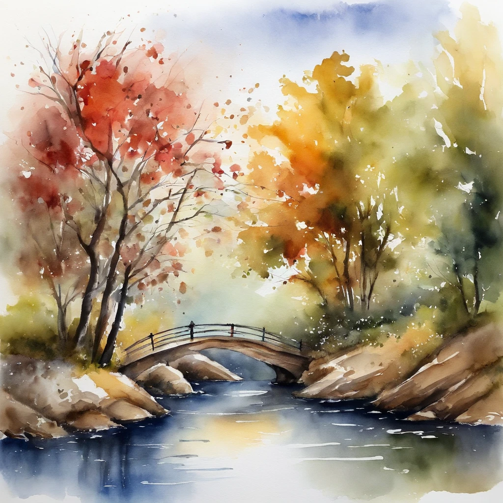 scenecy,tree shade,pavilion,small bridge flowing water,pedestrians,Faraway view,ink and watercolor painting
