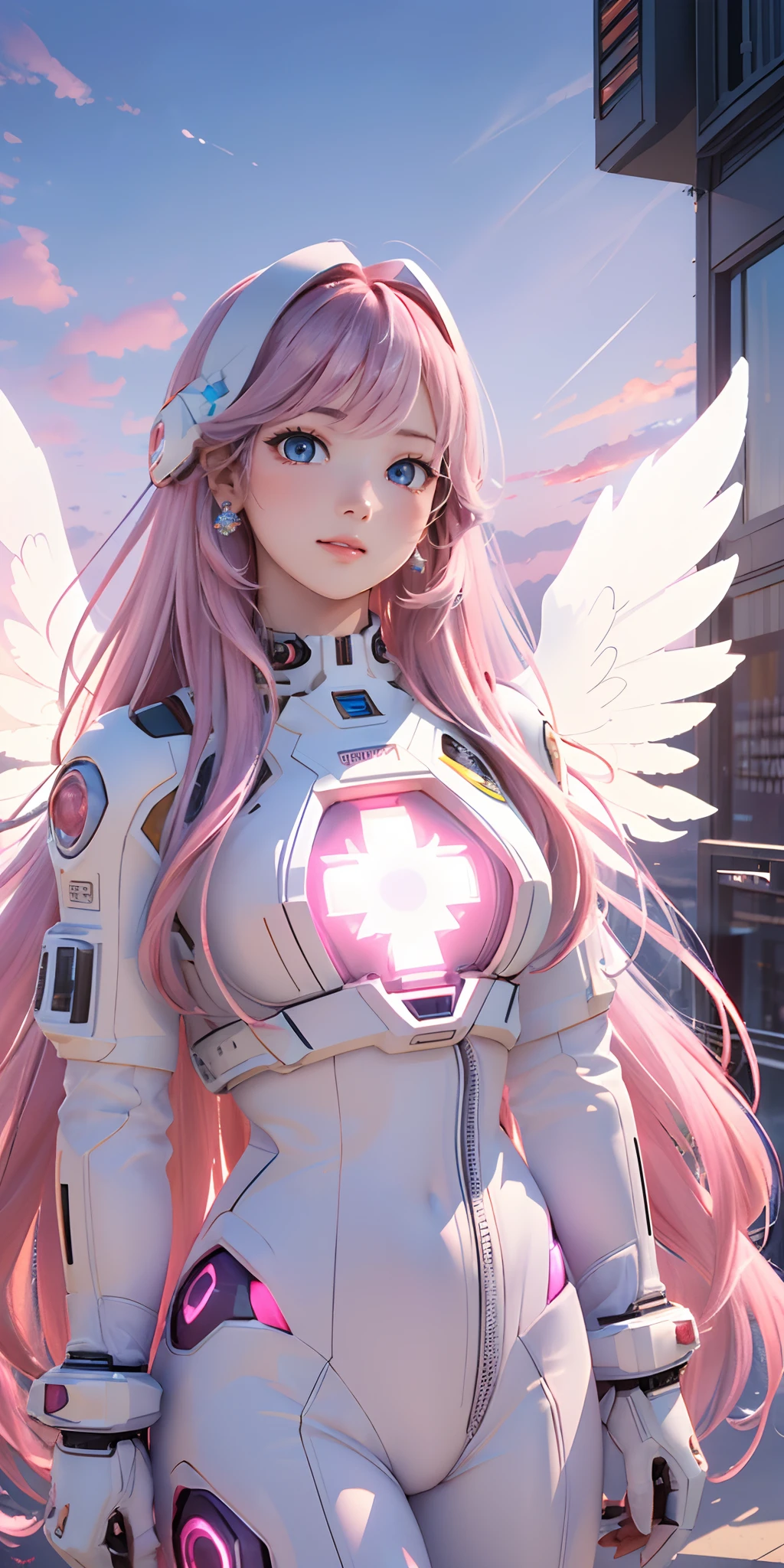 ((masterpiece, best quality, extremely detailed), volumetric lighting, ambient occlusion, colorful, glowing), 
1girl, solo, young girl, (pink hair), long hair, halo, aura, sacred, godness, cyber suit, (white outfit:1.3), android, bot, angel wings,
outdoors, sunset, sky, clouds, space, (cyberpunk theme:1.2),