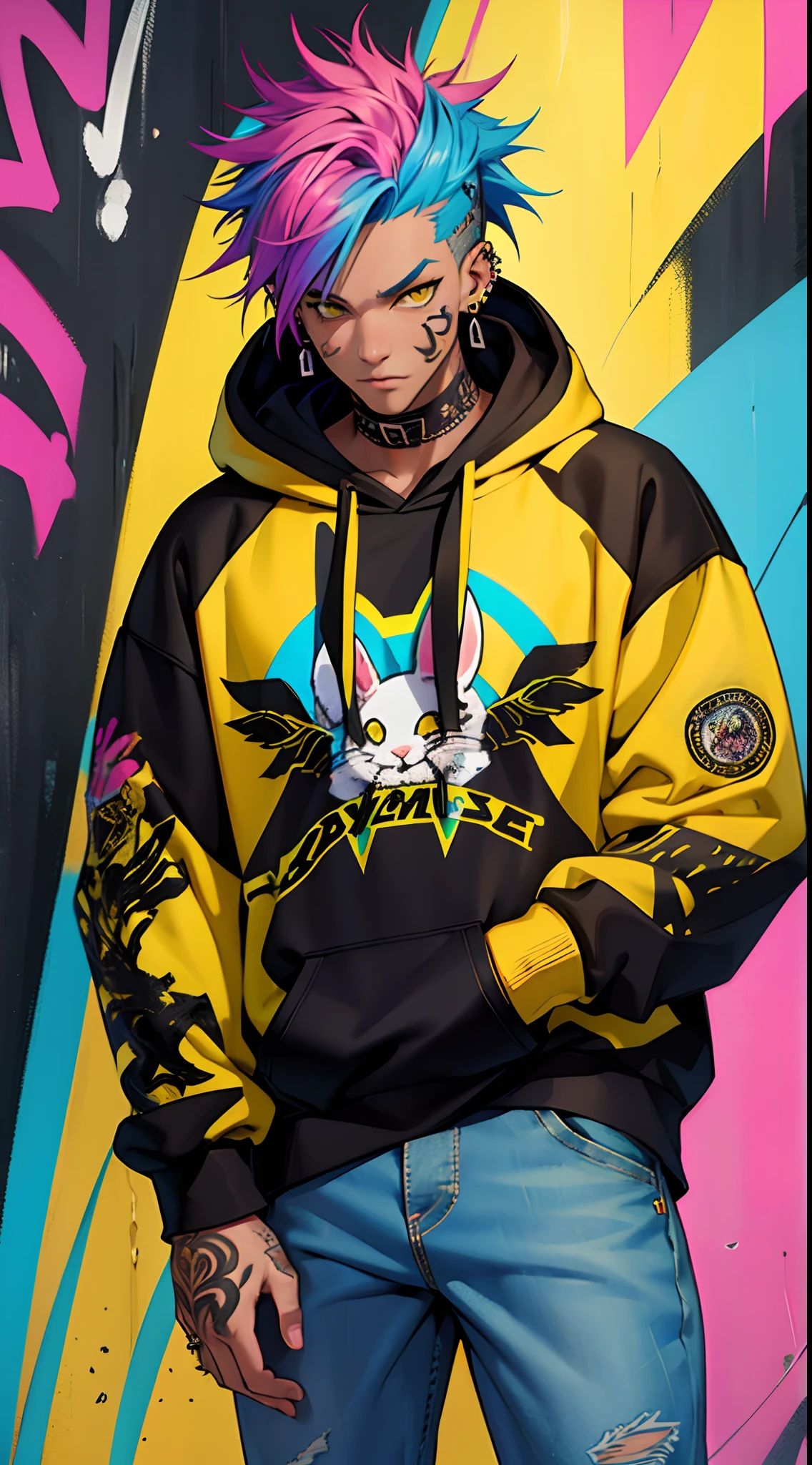 A cool and trendy rabbit, rainbow colored hair, yellow eyes, wearing trendy hip hop clothing, wearing a hoodie, graphic t-shirt and torn jeans, tons of tattoos and piercings, graffiti style background, highly detailed background, perfect masterpiece, high quality, high resolution