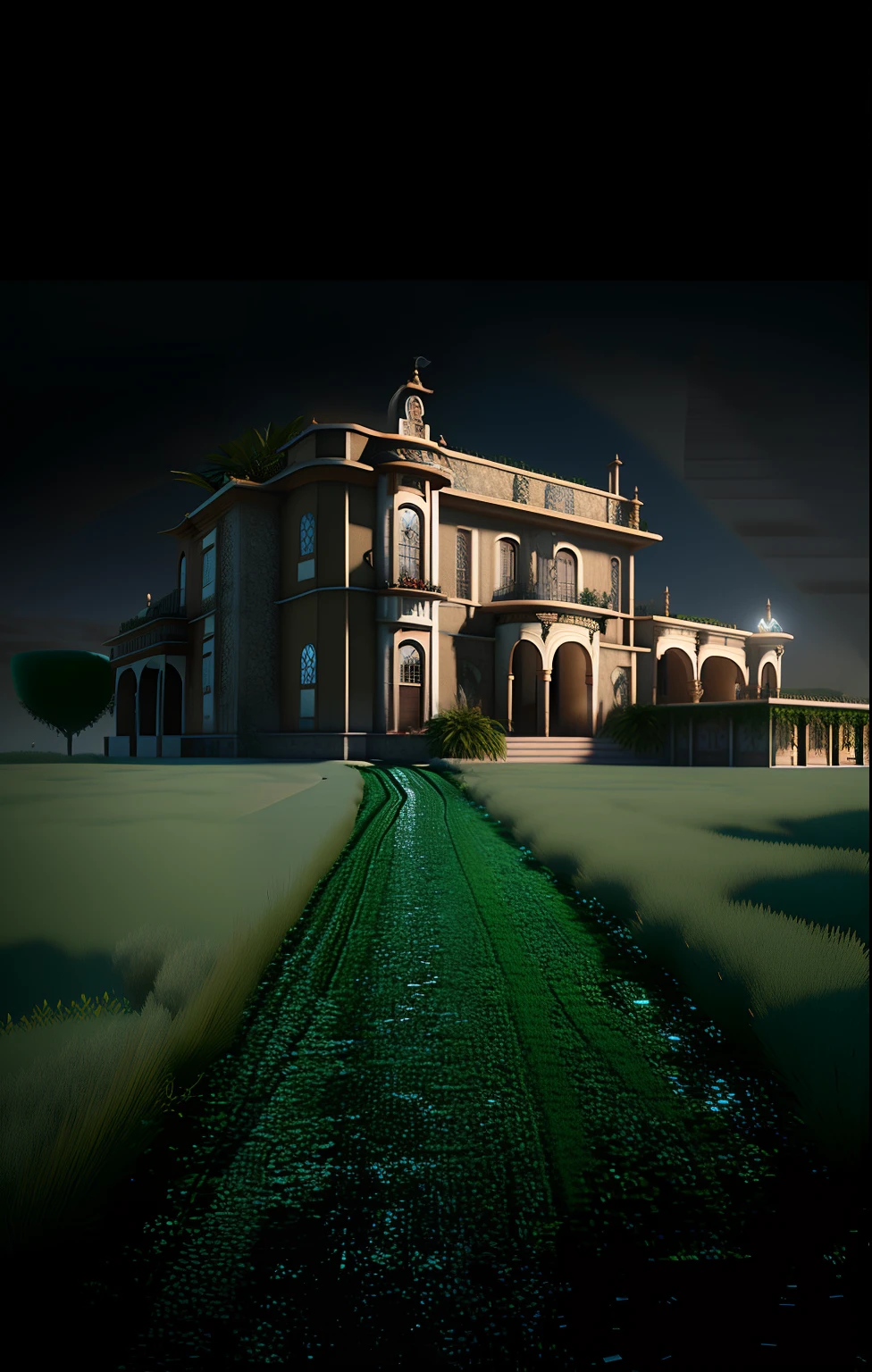 4k, Realistic mansion, unreal engine, campos floridos.