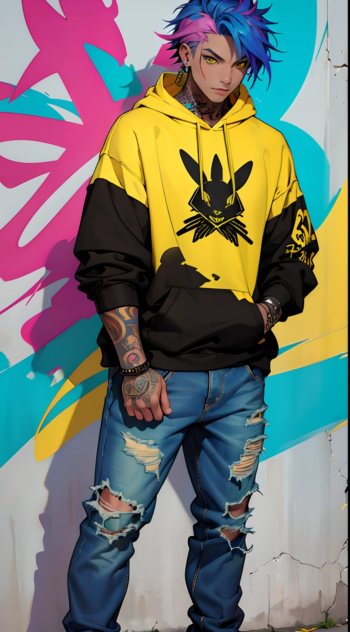 A cool and trendy rabbit, rainbow colored hair, yellow eyes, wearing trendy hip hop clothing, wearing a hoodie, graphic t-shirt and torn jeans, tons of tattoos and piercings, graffiti style background, highly detailed background, perfect masterpiece, high quality, high resolution