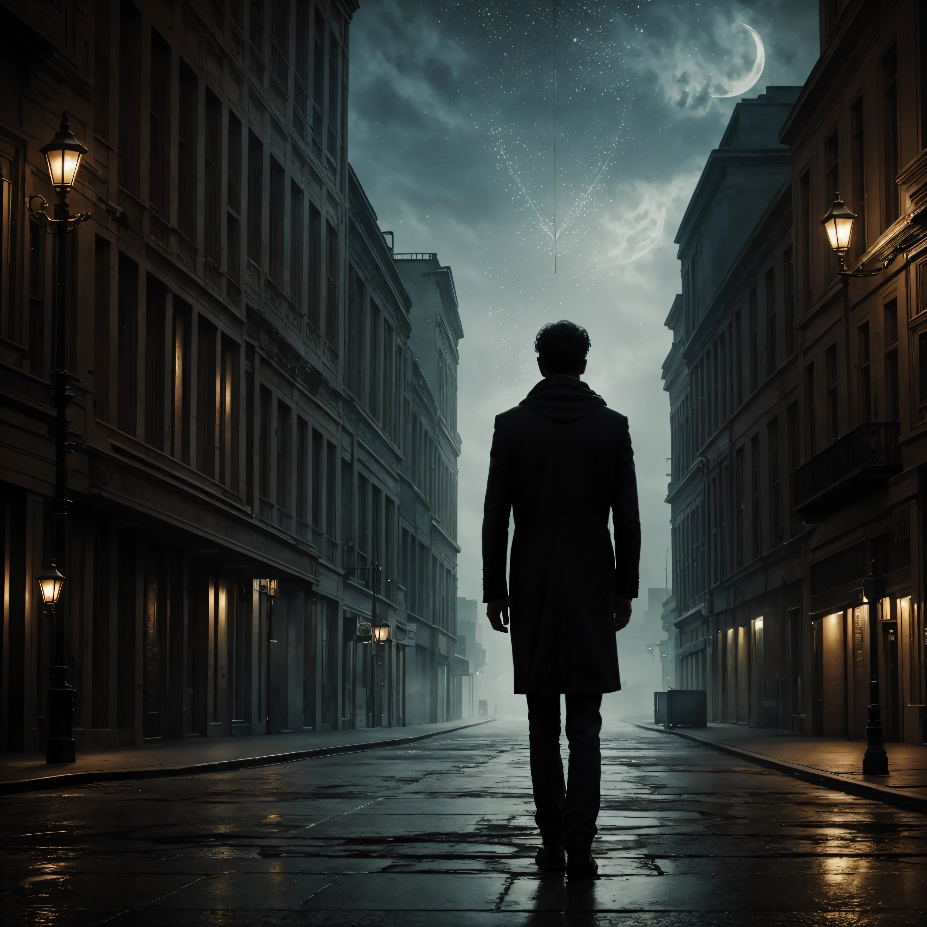 In this cover art, a profound sense of melancholy envelops the scene, casting a hauntingly beautiful aura over the composition. An individual, cloaked in shadows, stands in the midst of an empty city immersed in nocturnal silence. The soft, muted glow of streetlights imparts a dreamlike quality to the urban landscape. The crescent moon, a mere sliver in the sky, adds to the otherworldly atmosphere, and delicate tendrils of mist gracefully curl around the lampposts, invoking an air of enigma. The cover's centerpiece is the solitary figure, a forlorn silhouette that seamlessly melds with the cityscape, capturing the essence of solitude and longing, evoking the heart's silent yearning. Revisiting this evocative scene, a deeper emotional resonance unfolds. The city, now completely deserted, appears as a somber tableau of memories. Forgotten fragments of love stories and long-lost connections are scattered at the feet of the enigmatic figure. Torn heart-shaped letters, sepia-toned photographs half-burnt, and a single desiccated rose speak of a love that once thrived but now remains as relics of a distant past. The musical instruments, once vibrant and alive, now rest in silent repose, embodying the stillness that has overtaken a world once pulsating with emotion. Above, the night sky is a swirling canvas of deep blues, grays, and indigos, symbolizing the turbulent emotional journey that the cover art encapsulates. It is an intimate portrayal of the passage of time, the fragility of love, and the profound beauty found within the quiet contemplation of solitude.