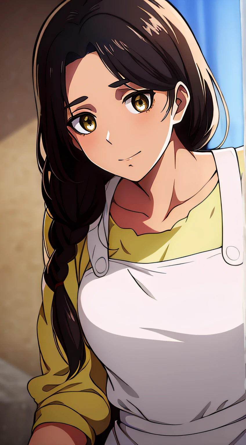 Camisa amarilla,escote,, mangas largas,Delantal blanco, cabello negro, brown eyes, flequillo, single braid, 1 girl in, 20yo,Mujer joven,Hermoso dedo,,Hermosa nariz,Beautiful character design, ojos perfectos, Cara perfecta,ojos expresivos, Mirando al espectador, escote, breasts