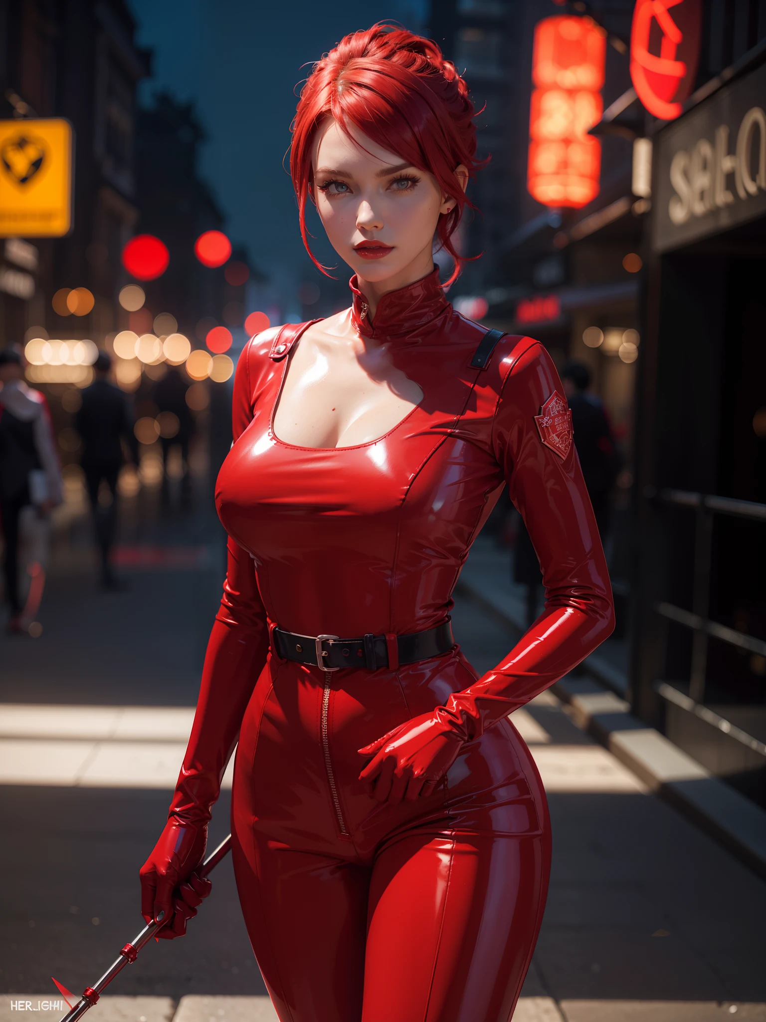 (1 lady),ruby rose, beautiful face, red hair, big boobs,perfect body shape, wearing latex gloves, (red dress +long sleeves, red trousers ), (pantyhose:0.9), Canon EOS R, deep bokeh, 80mm lens, night city, London Bridge, neon lights, cinematic framing.