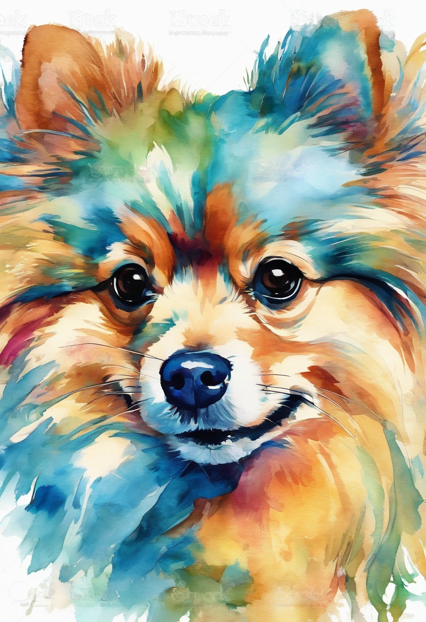 A Pomeranian with lots of watercolor fur ,fundo escuro,high resolution,alta qualidade,colorido,verde,vermelho,azul