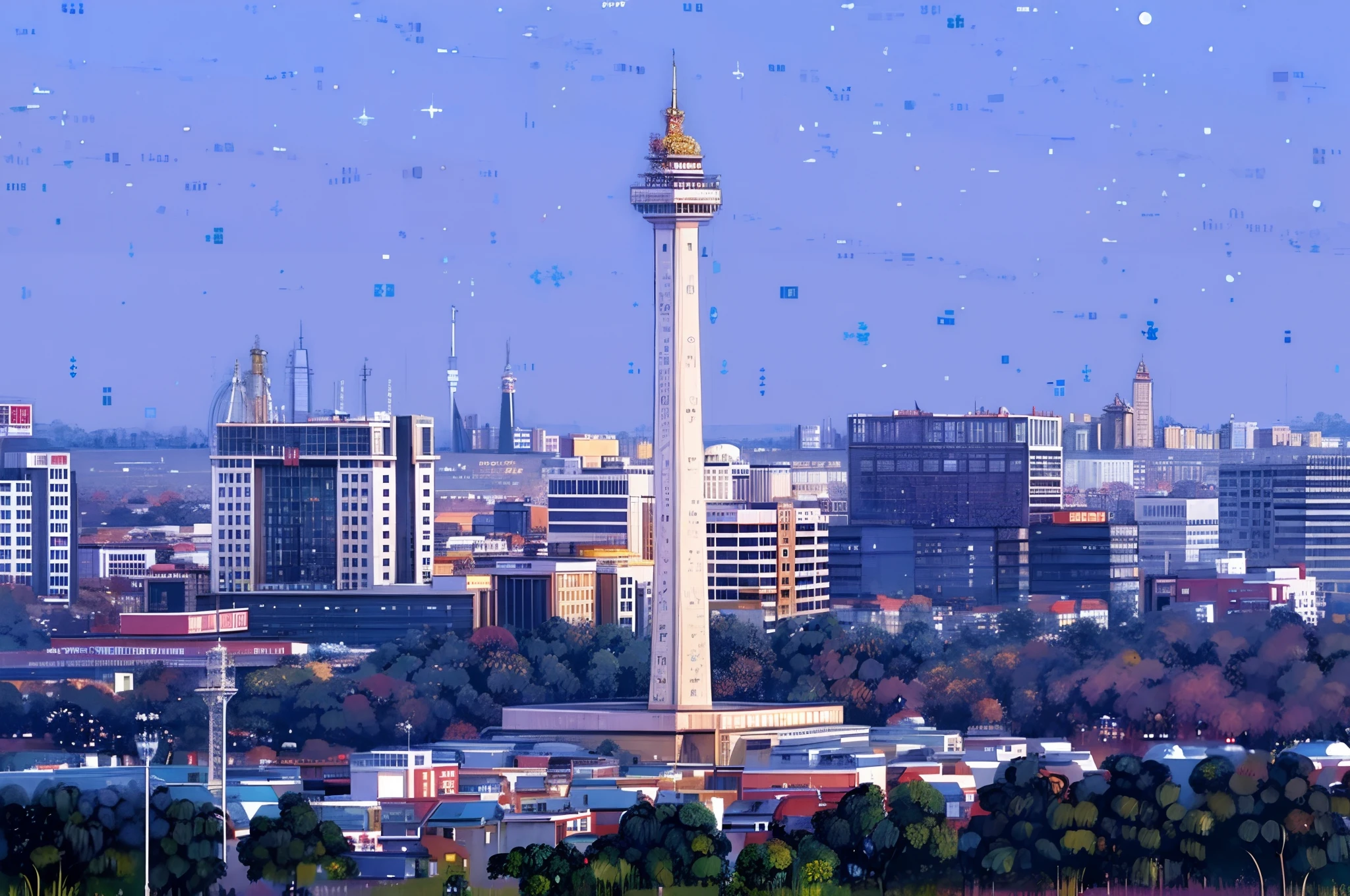 araffature of a tall monument in a city with a lot of buildings, south jakarta, jakarta, indonesia, surreal!!!, monument, tourist destination, beautiful city, towering over a city, city in backround, large tall, with a city in the background, 1km tall, by Basuki Abdullah, afternoon, city in background, surrounding the city