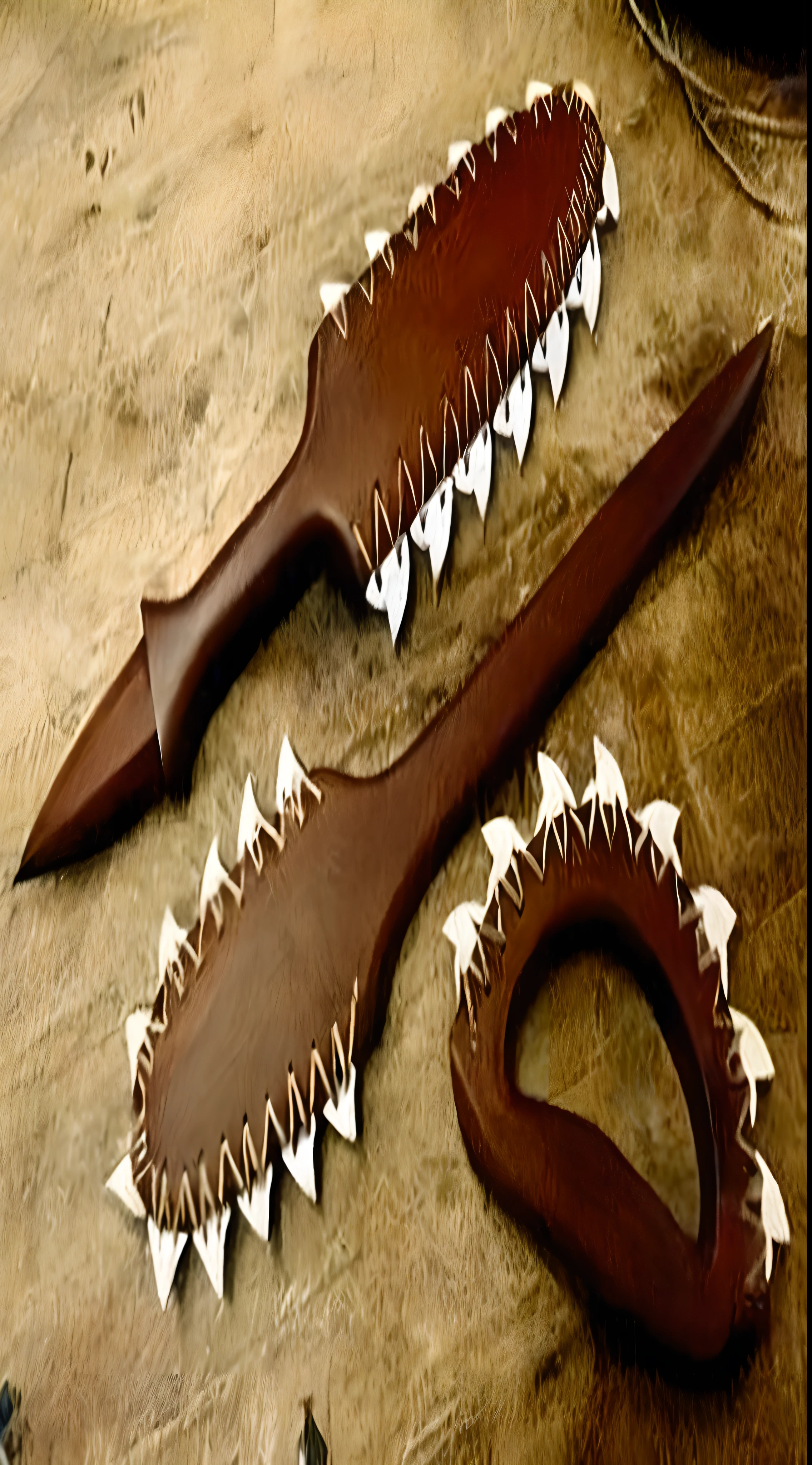 there are two wooden tools that are on a table, horror saw teeth, saw teeth, amazing craftsmanship, sharp spines, knife - like teeth, very sharp!!!, incredible sharp details, huge spikey teeth, very sharp details, spiked, rows of razor sharp teeth, beautiful craftsmanship, shark teeth, macuahuitl, super sharp teeth, spines