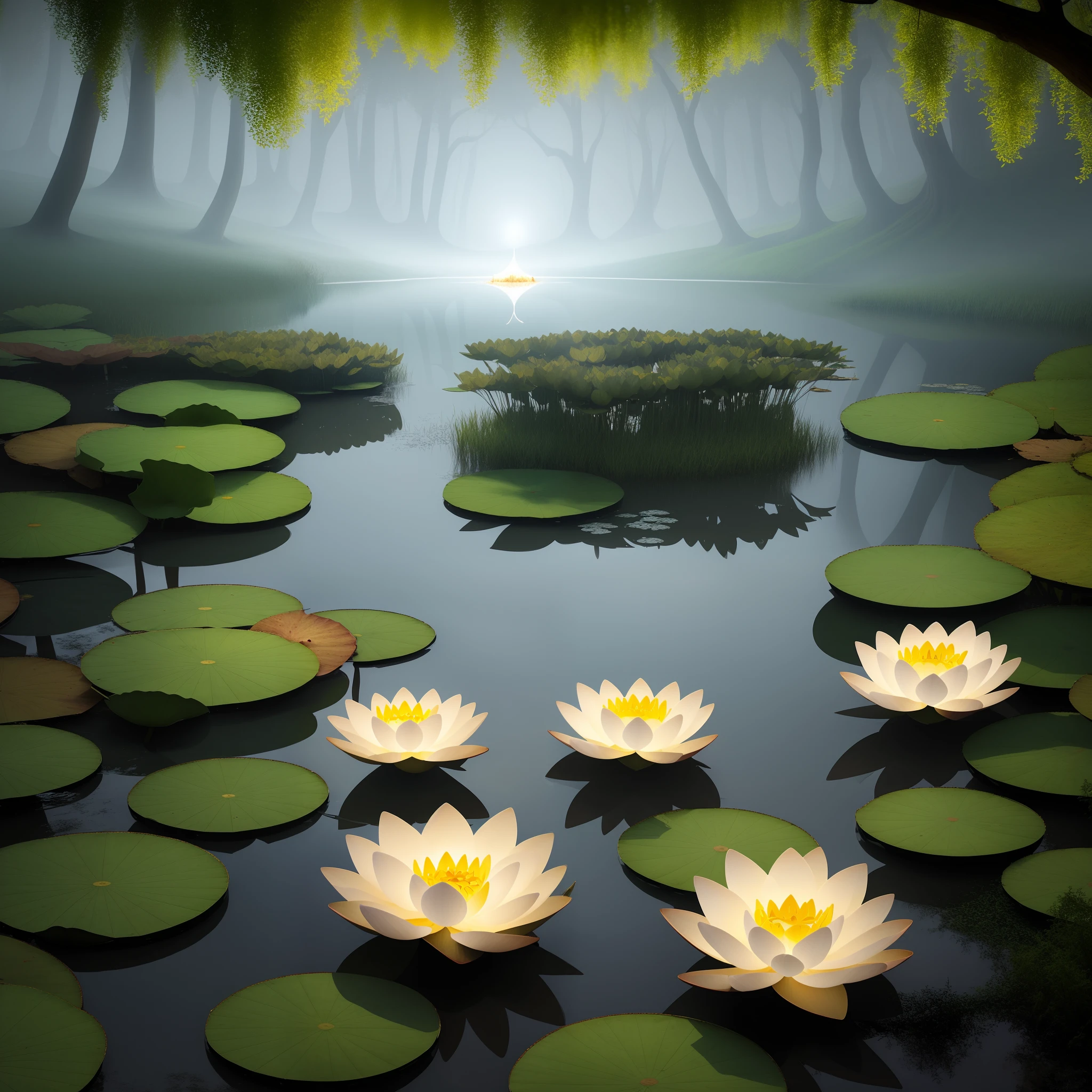 Mystical lake of dew lotus, mysterious environment, little lighting