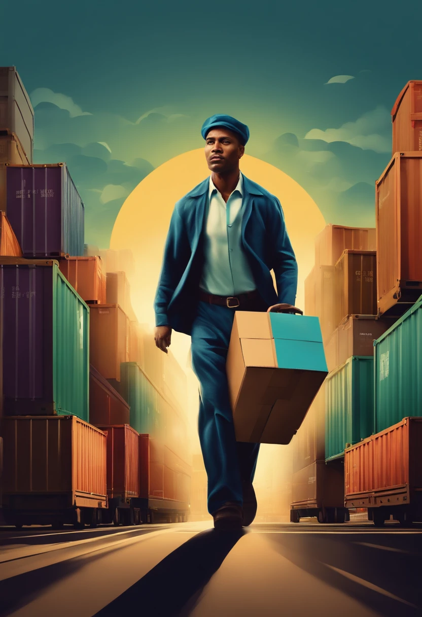 Create an image of a freight helper carrying moving boxes